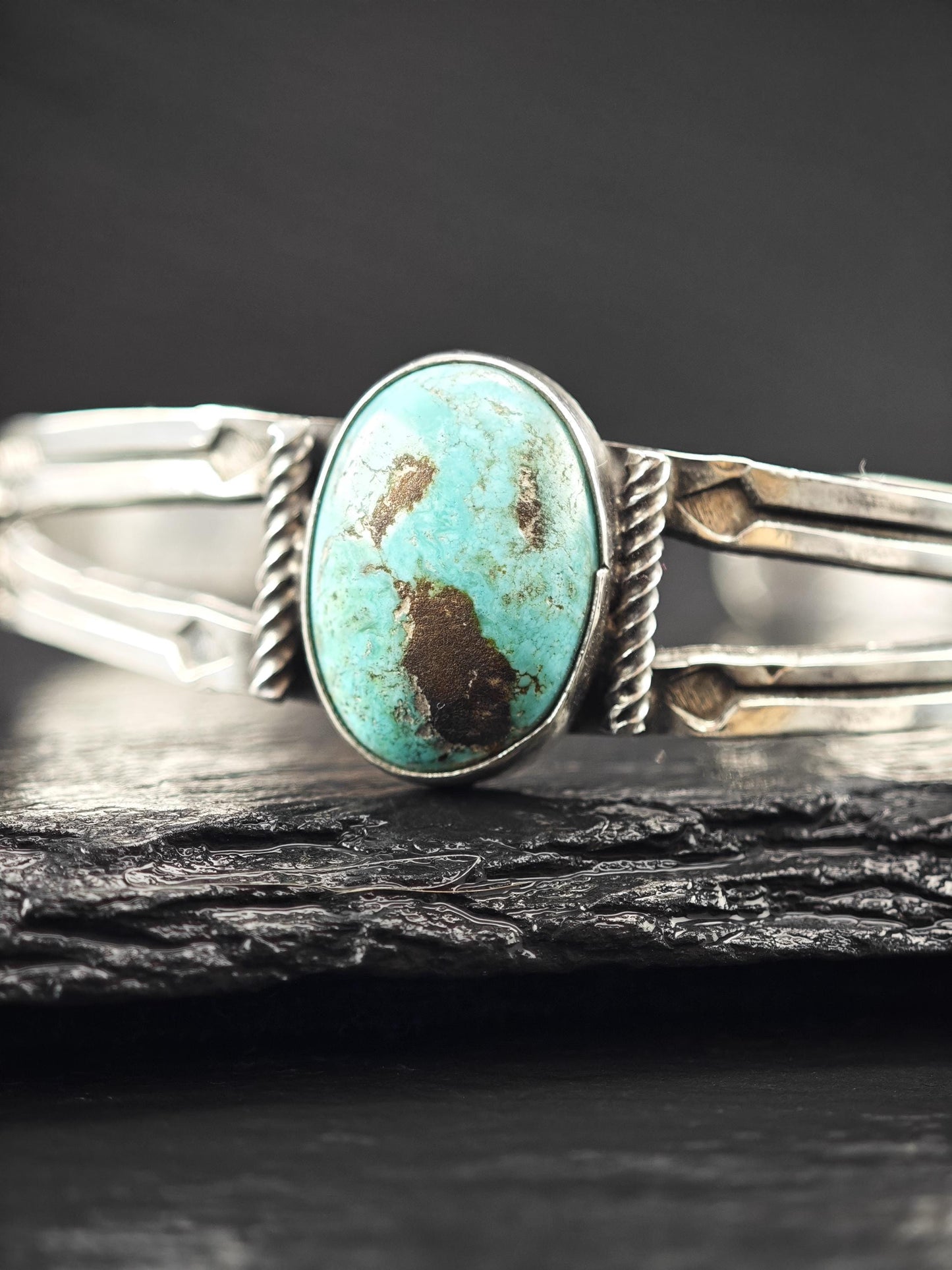 Curio Native American, Stamped Natural Turquoise Cuff Bracelet Sterling Silver