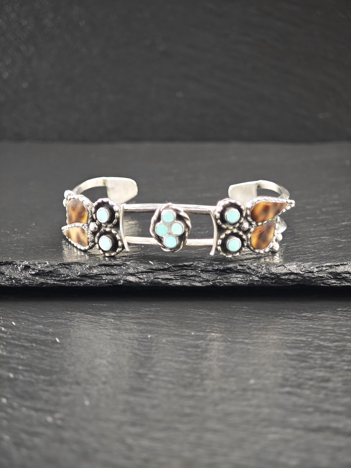 Zuni Native American Owl, Turquoise Inlay Cuff Bracelet Sterling Silver
