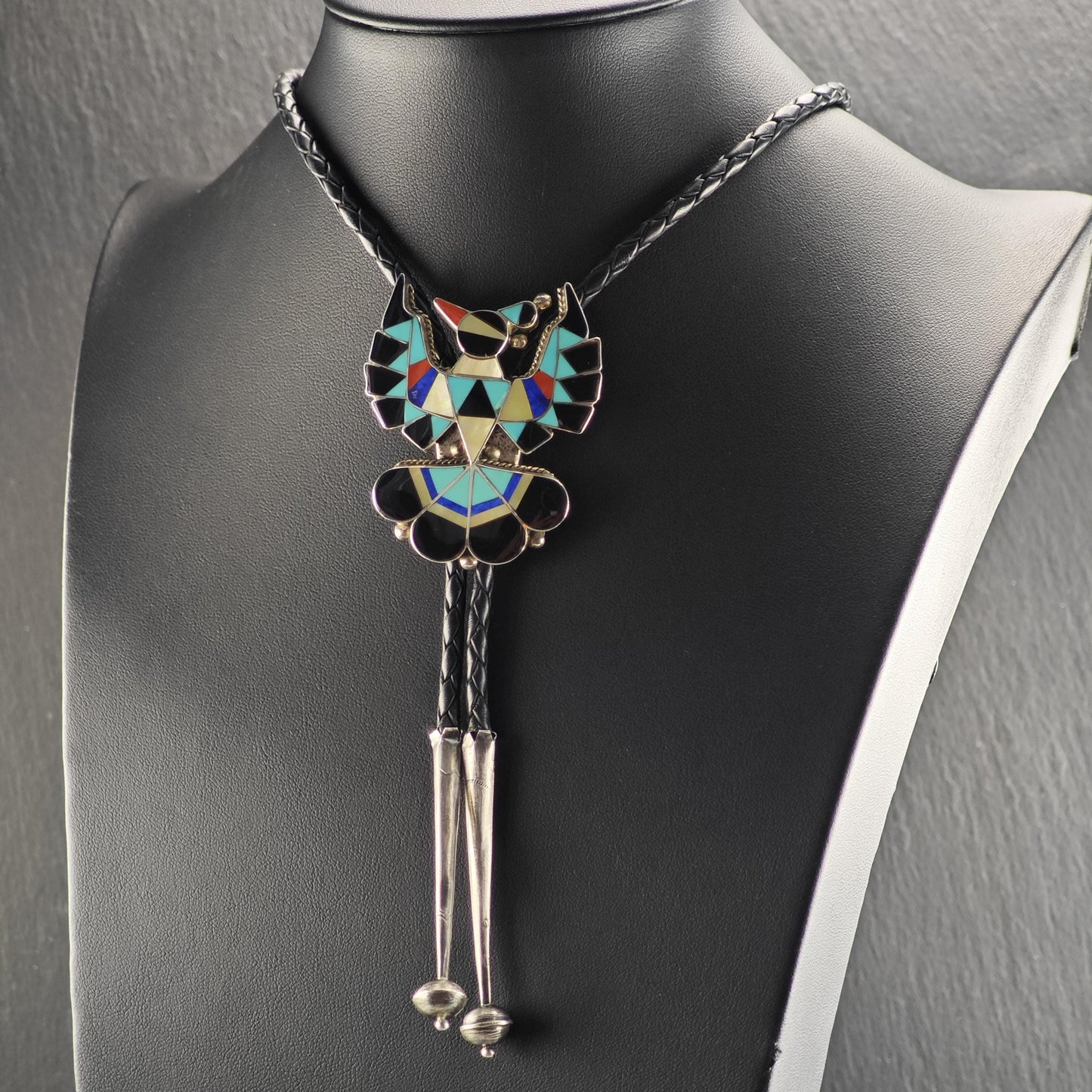 Vintage Native American Sterling Silver, Inlay Thunderbird Bolo Tie Necklace N2744