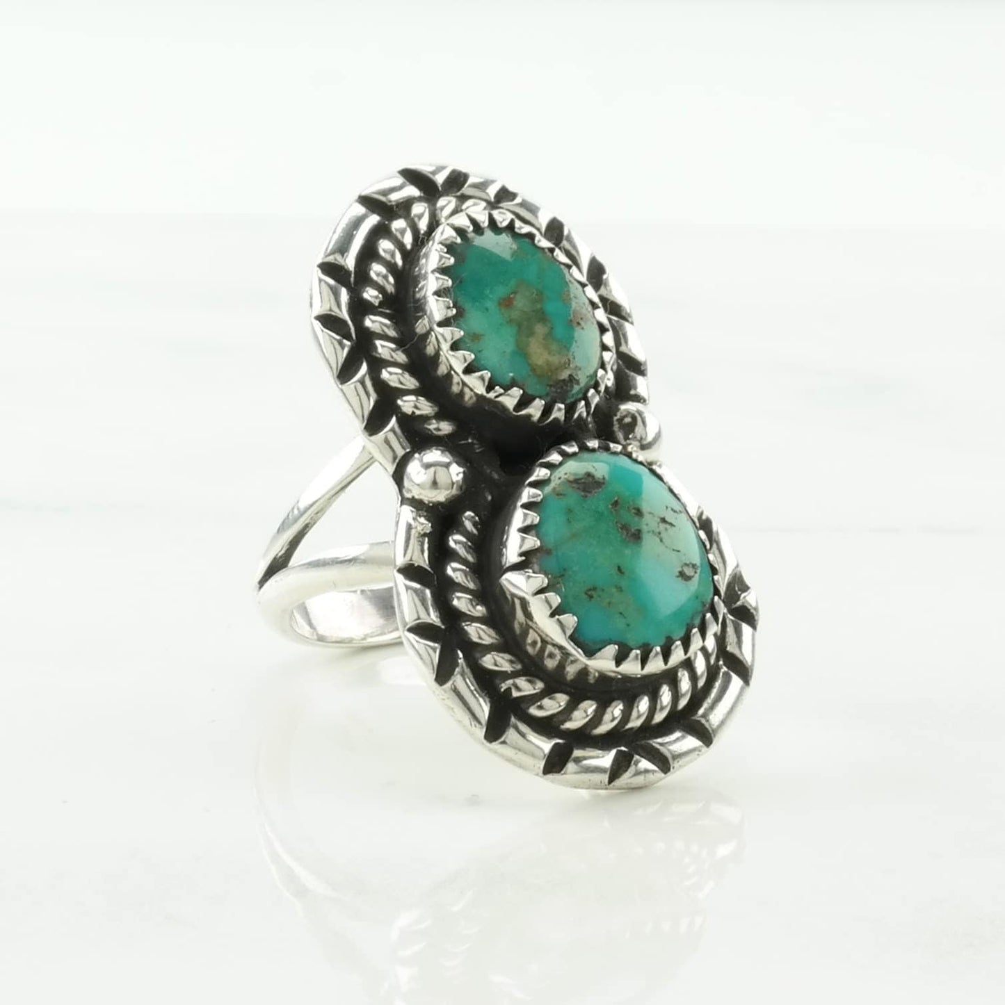 Native American Silver Ring Turquoise Two Stone Sterling Blue Size 6 1/2