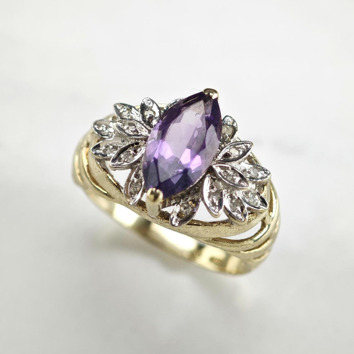 Marquis Amethyst & Diamond 10K Gold Ring Sz 7 1/2 R6771