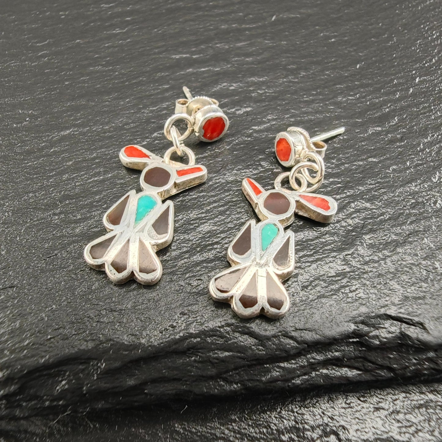 Zuni, Native American Inlay, Turquoise, Coral, Jet Thunderbird Stud/Dangle Earrings Sterling Silver