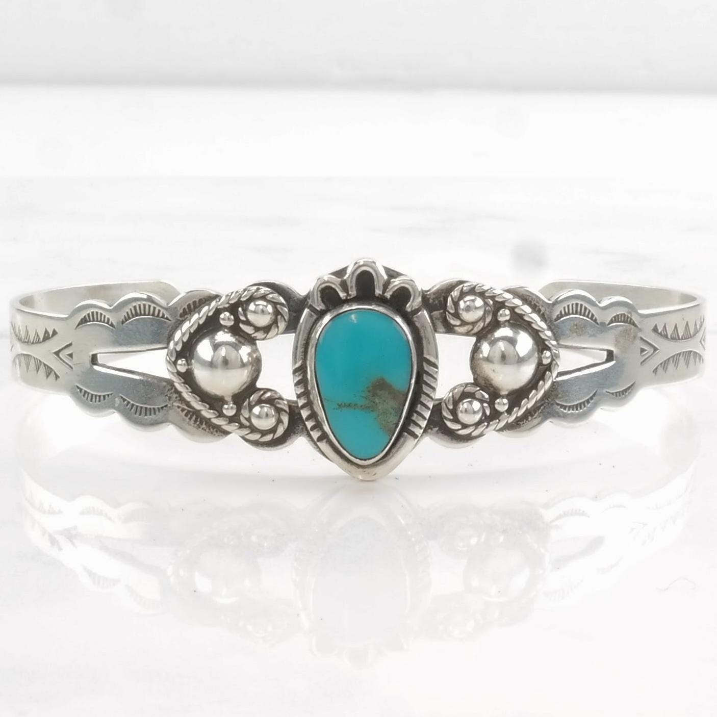 Vintage Cuff Bracelet Native American Sterling Silver Blue Turquoise Floral