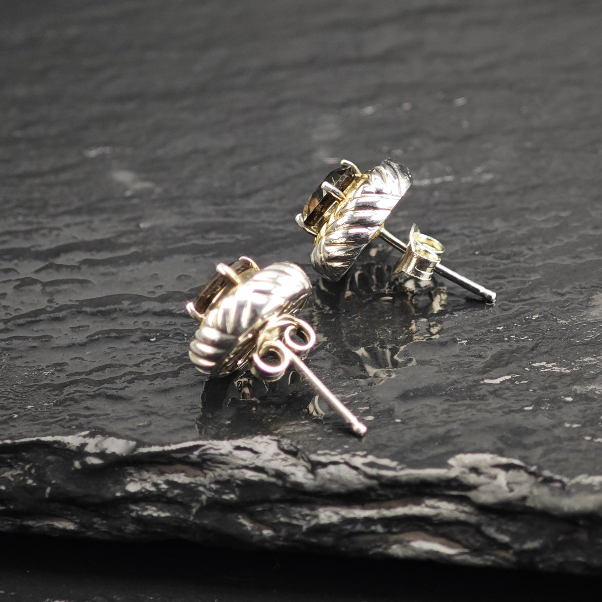 Vintage Designer Smoky Quartz 14k Bezel Stud Sterling Silver Earrings ER3230