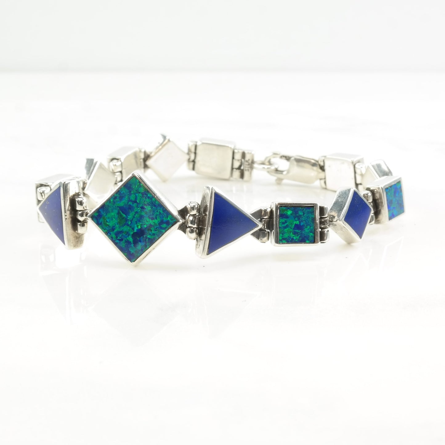 Southwest Sterling Silver Link Bracelet Sparkling Lapis Lazuli Lab Opal Inlay Geometric