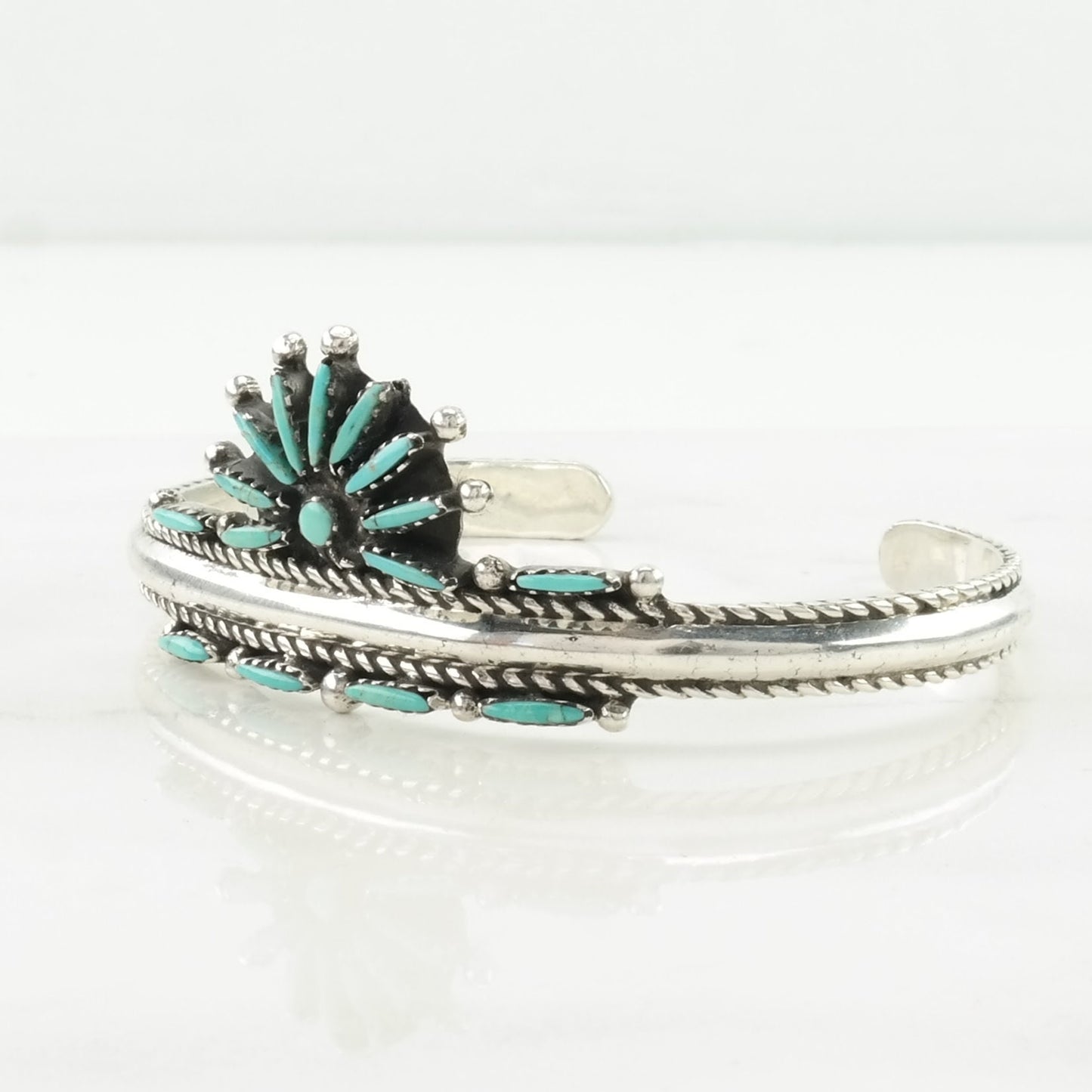 Southwest Sterling Silver Cuff Bracelet Blue Turquoise Needlepoint, Floral