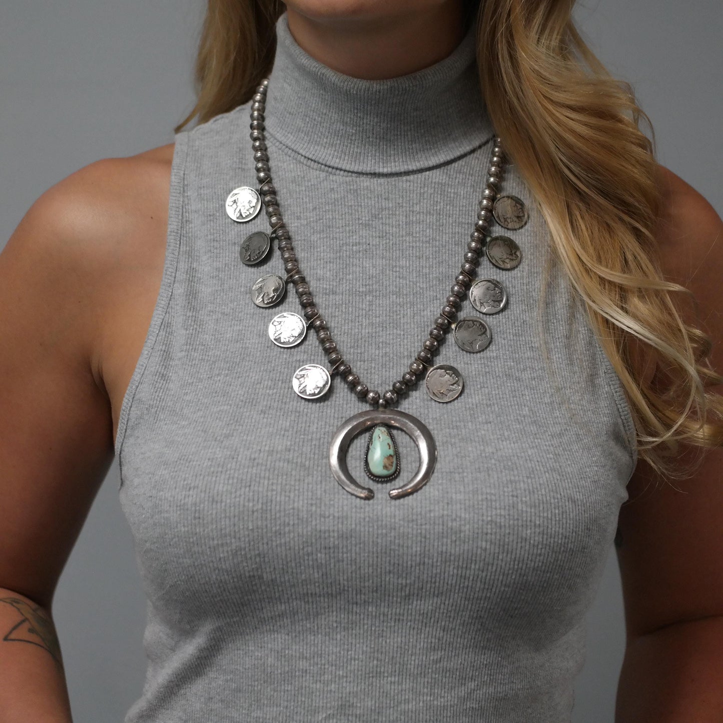 Native American Green Turquoise, Buffalo Nickles Squash Blossom Necklace Sterling Silver