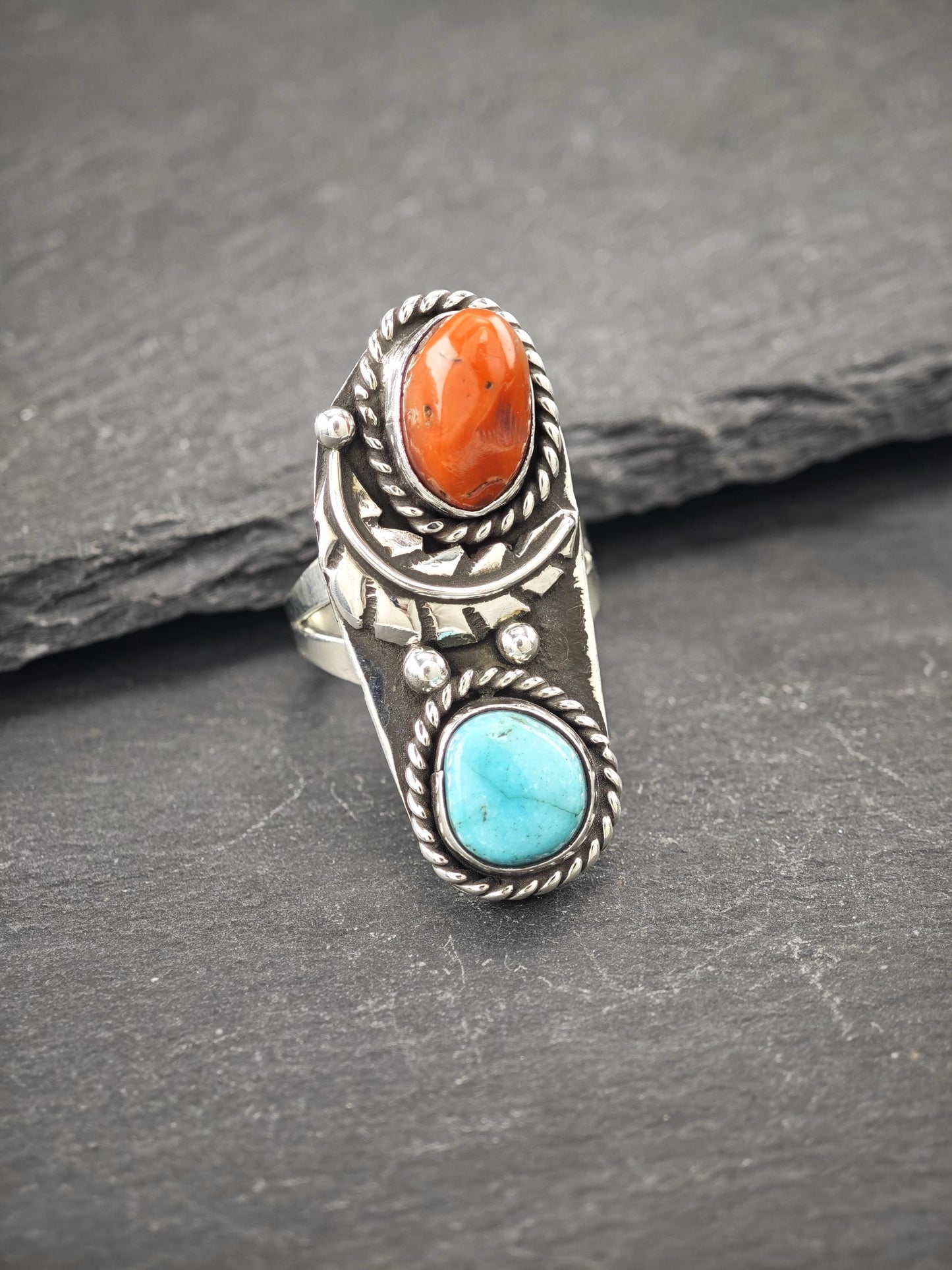 Southwest Coral, Turquoise Ring Sterling Silver
