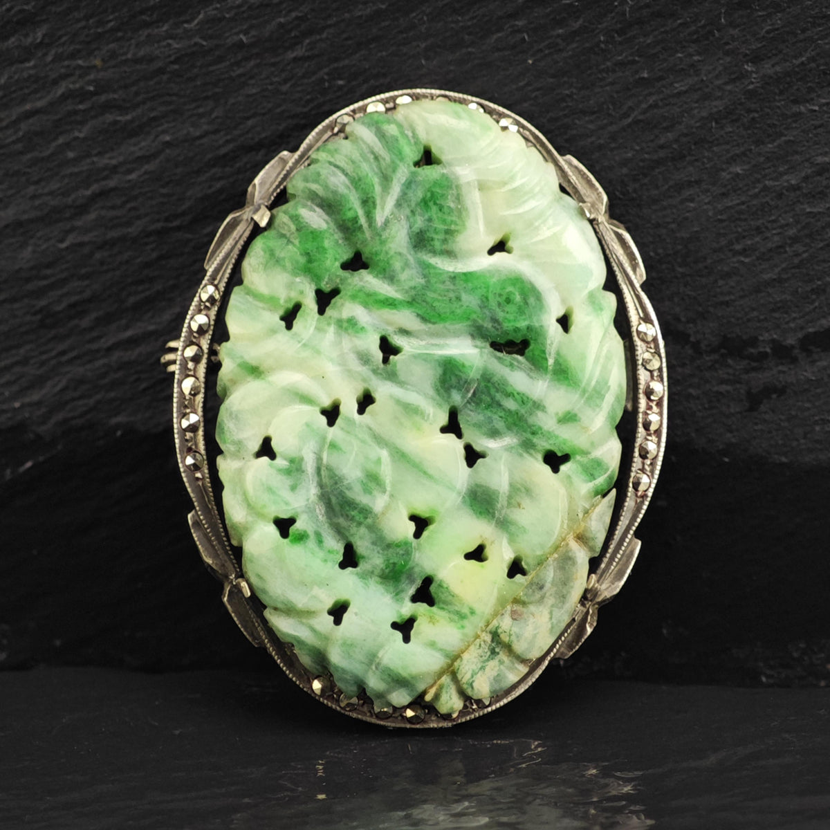 Art Deco Carved Jade Brooch Pendant 800 Silver B2245