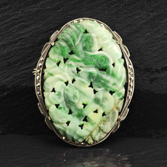 Art Deco Carved Jade Brooch Pendant 800 Silver B2245