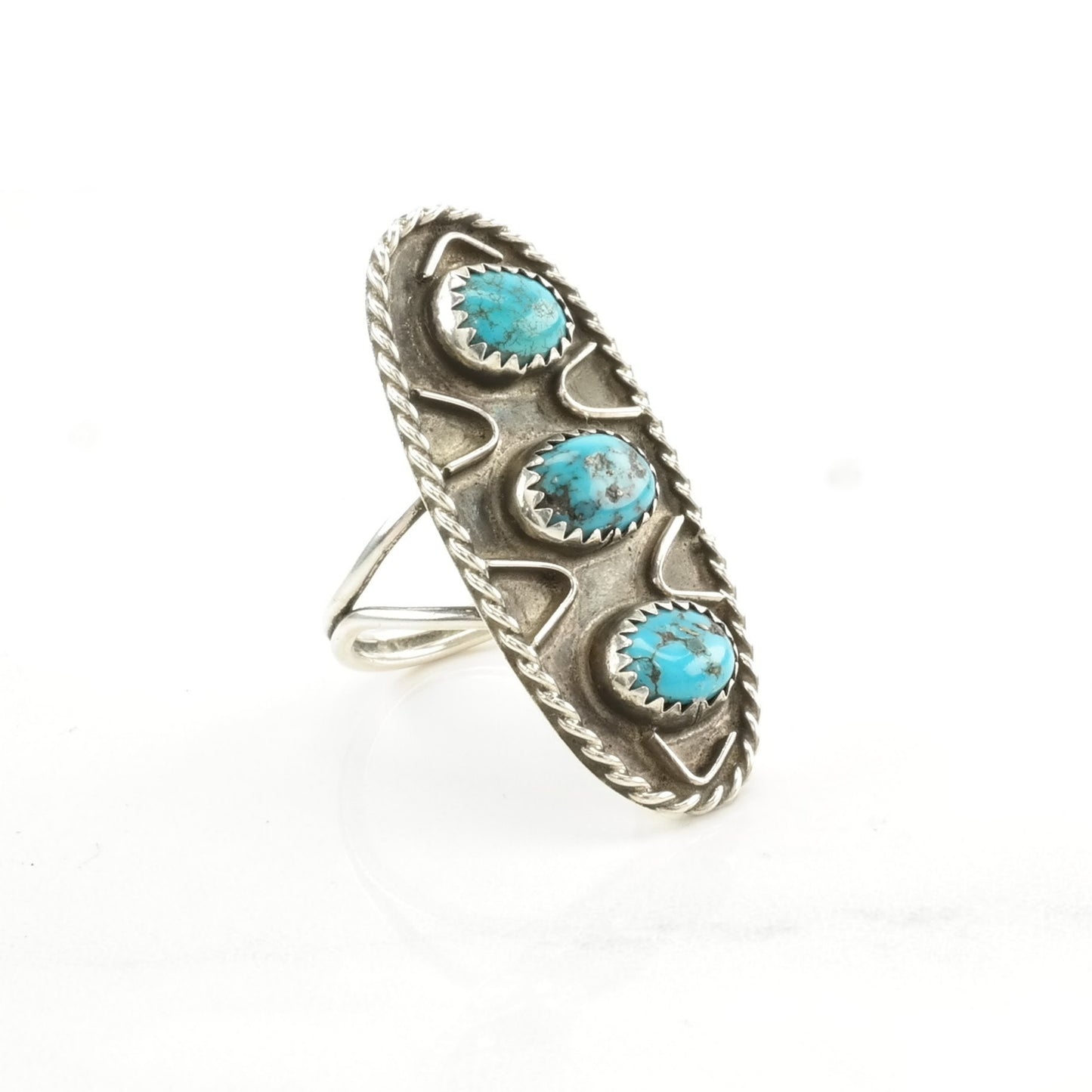 Native American Silver Ring Turquoise Three Stone, Shield Sterling Blue Size 8