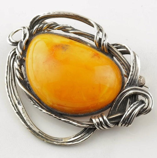 Modernist Sterling Silver Amber Brooch Pendant