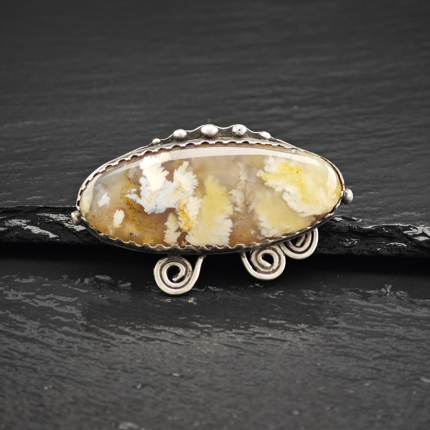 Vintage Brown Oval, Moss Agate Sterling Silver Brooch