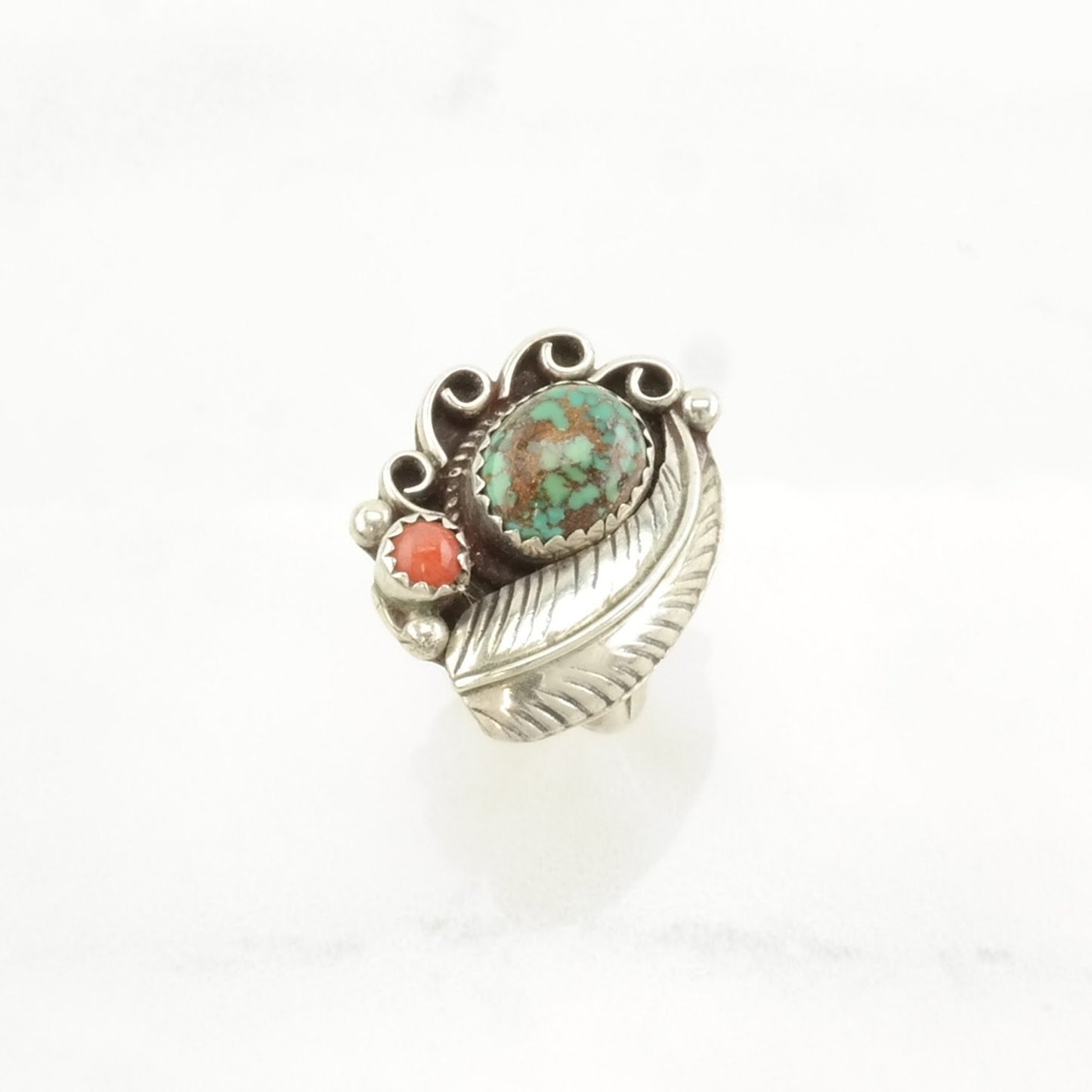 Native American Silver Ring Spiderweb Turquoise, Coral Feather Sterling Green, Red Size 6 1/2