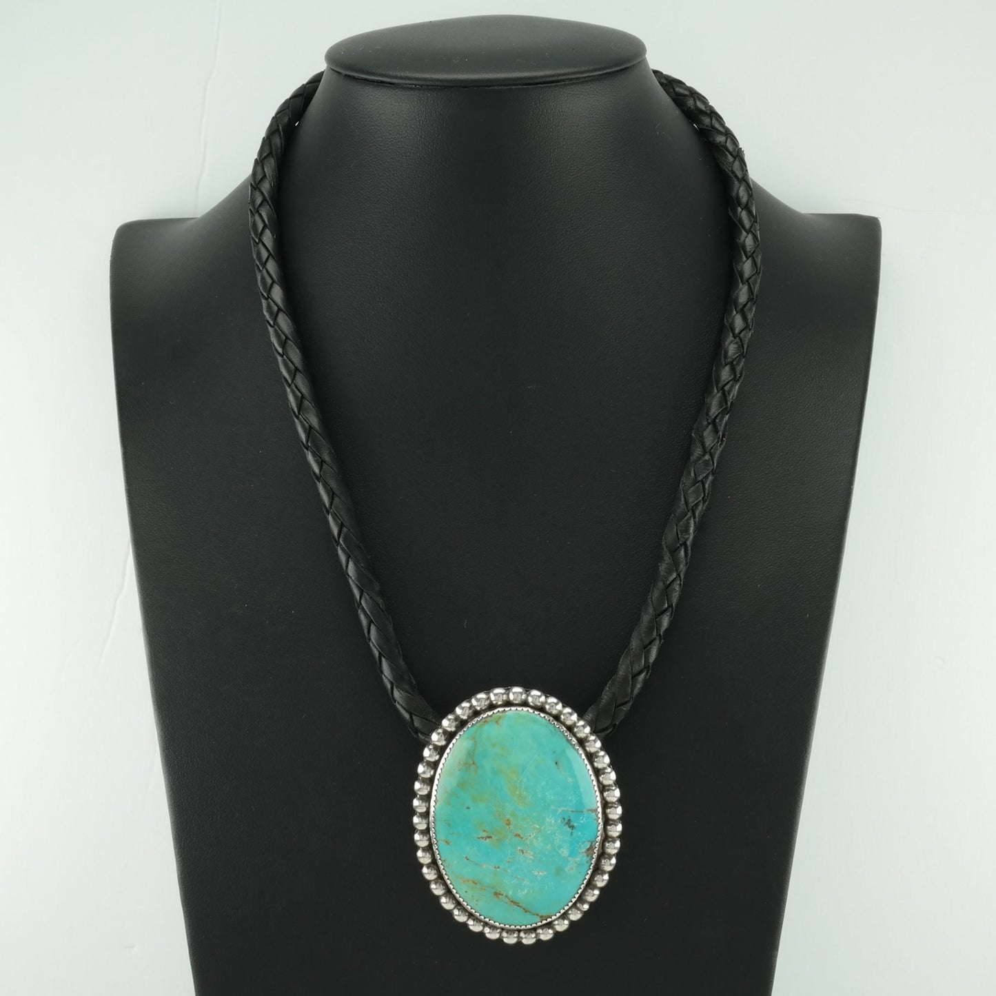 Southwest Sterling Silver Blue Turquoise Leather Cord Necklace