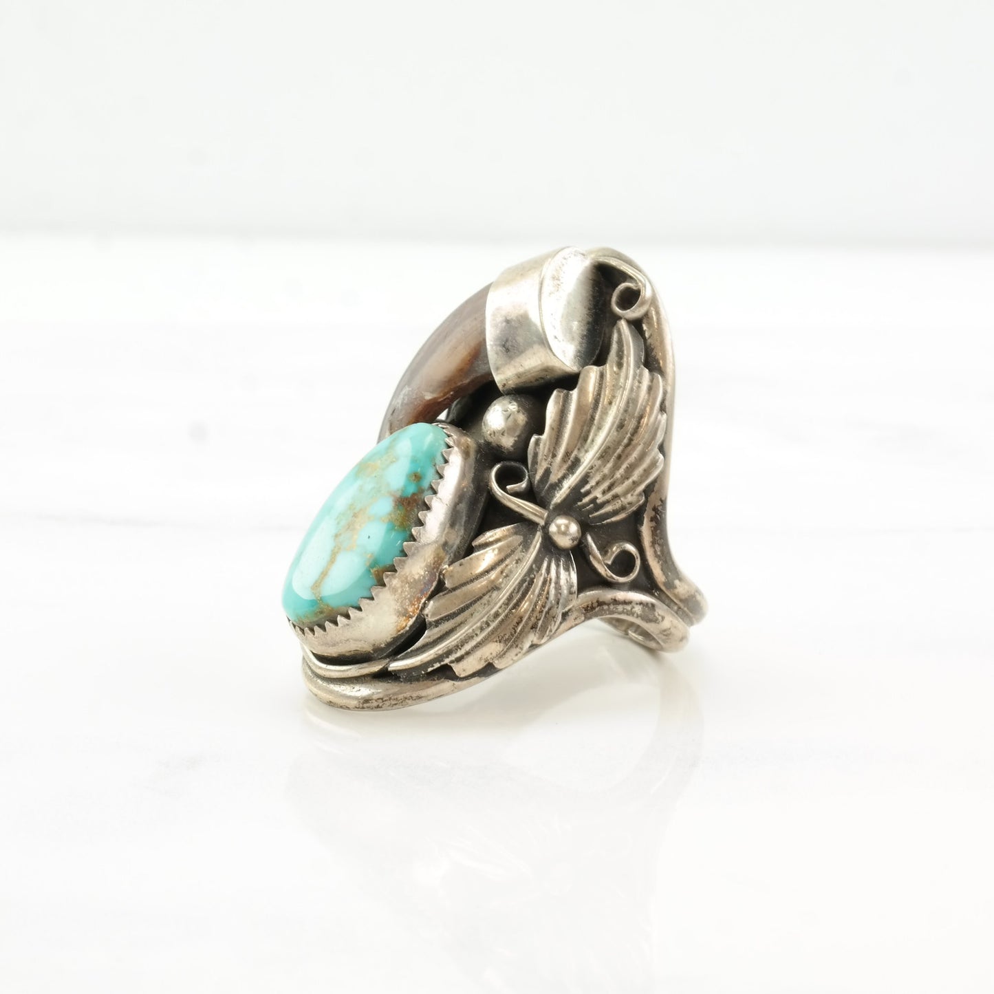 Native American Silver Ring Turquoise Leaf Sterling Size 11