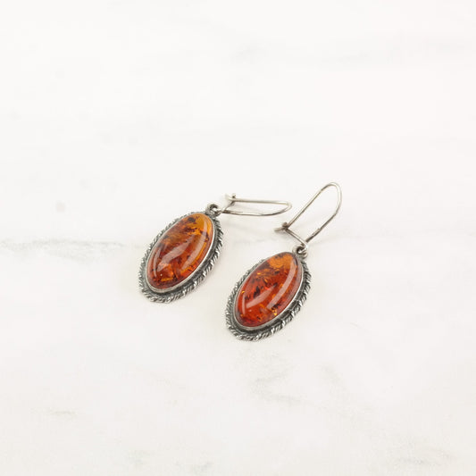 European Sterling Silver Baltic Amber Oval Earrings Fish Hook