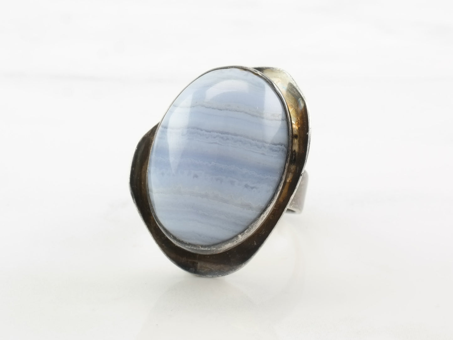 Modernist Silver Ring Blue Lace Agate Modernist Sterling Size 5