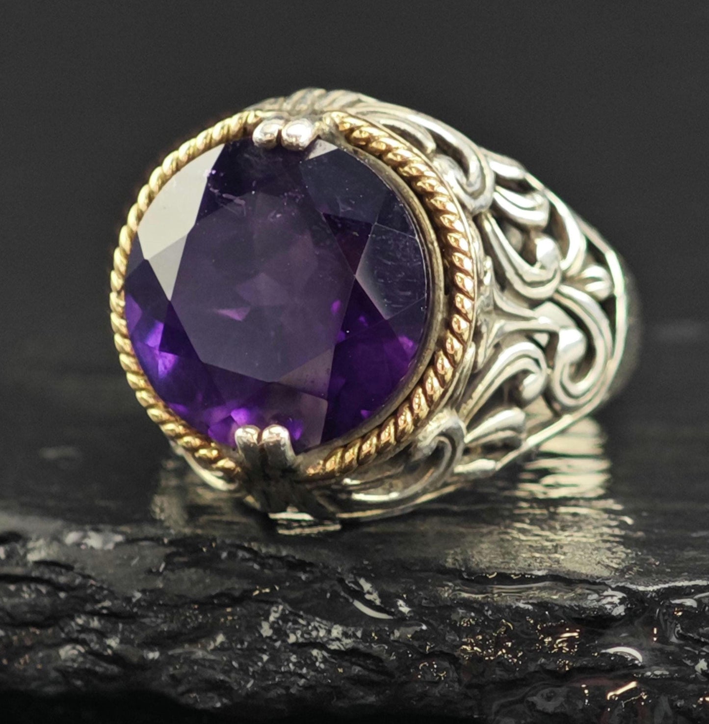 Amethyst 14k Gold Bezel Sterling Silver Ring Sz 6 R6571