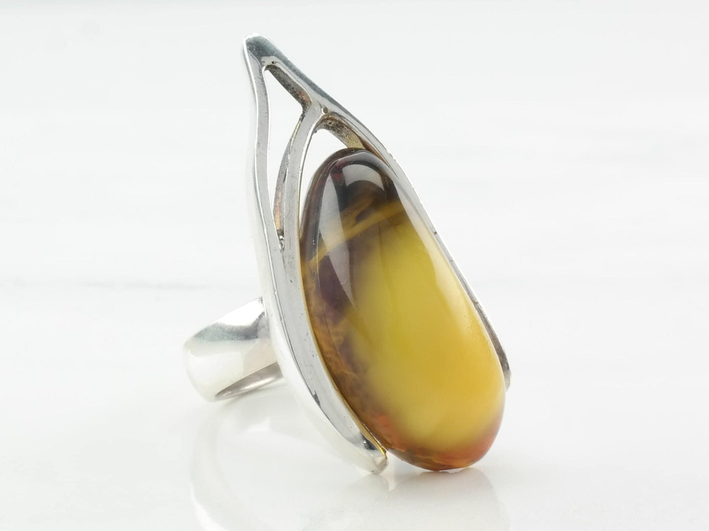 Sterling Silver Amber Ring Modernist Abstract Size 7