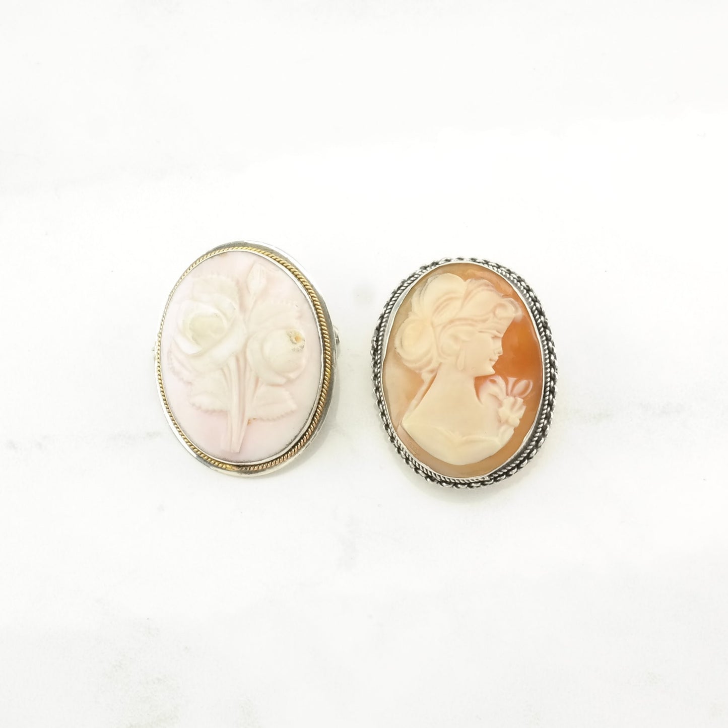 Choice of Vintage Pink, Orange Silver Brooch Portrait, Roses Cameo Sterling