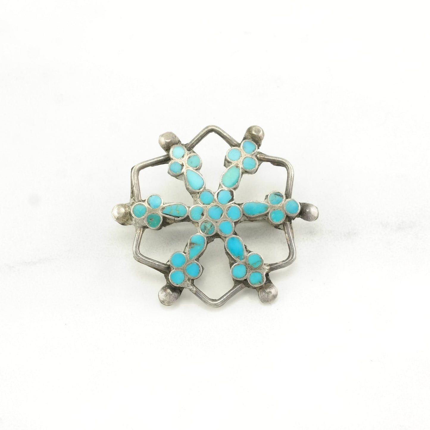 Vintage Zuni, Native American Sterling Silver Brooch Inlay, Snowflake Blue Turquoise