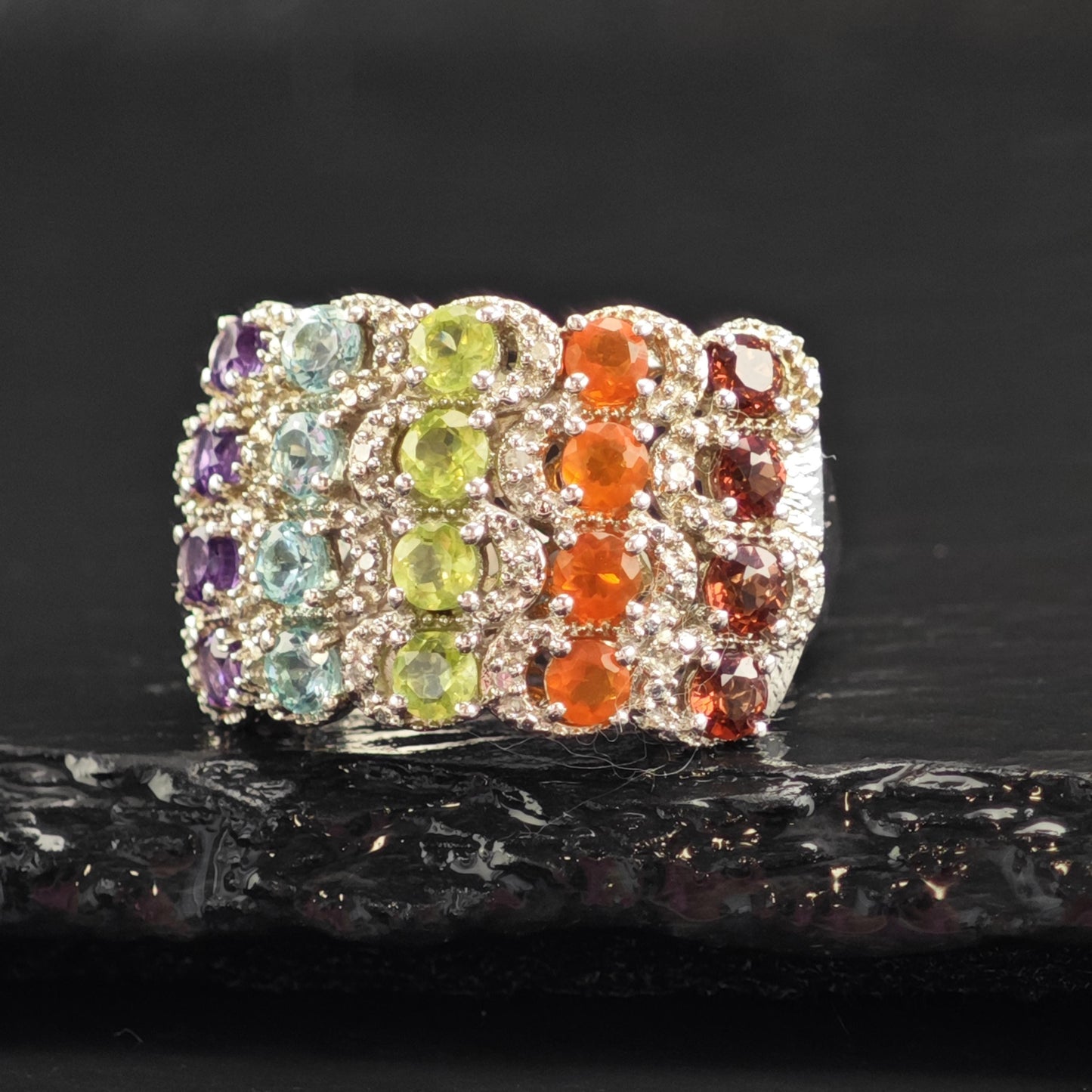Rainbow Multistone Diamond Sterling Silver Ring Sz 8 R6557