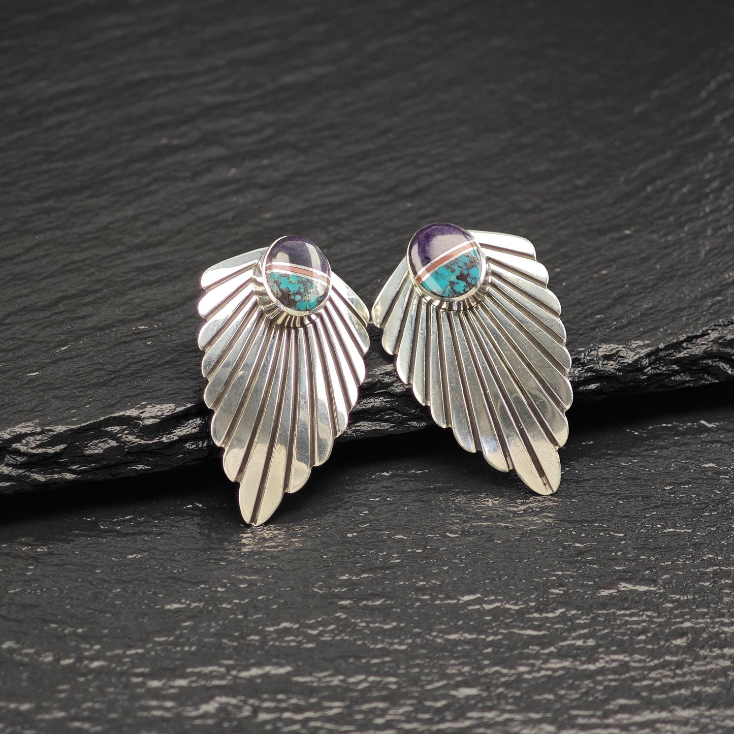 Native American Turquoise, Coral, Sugilite Wings Stud Earrings Sterling Silver
