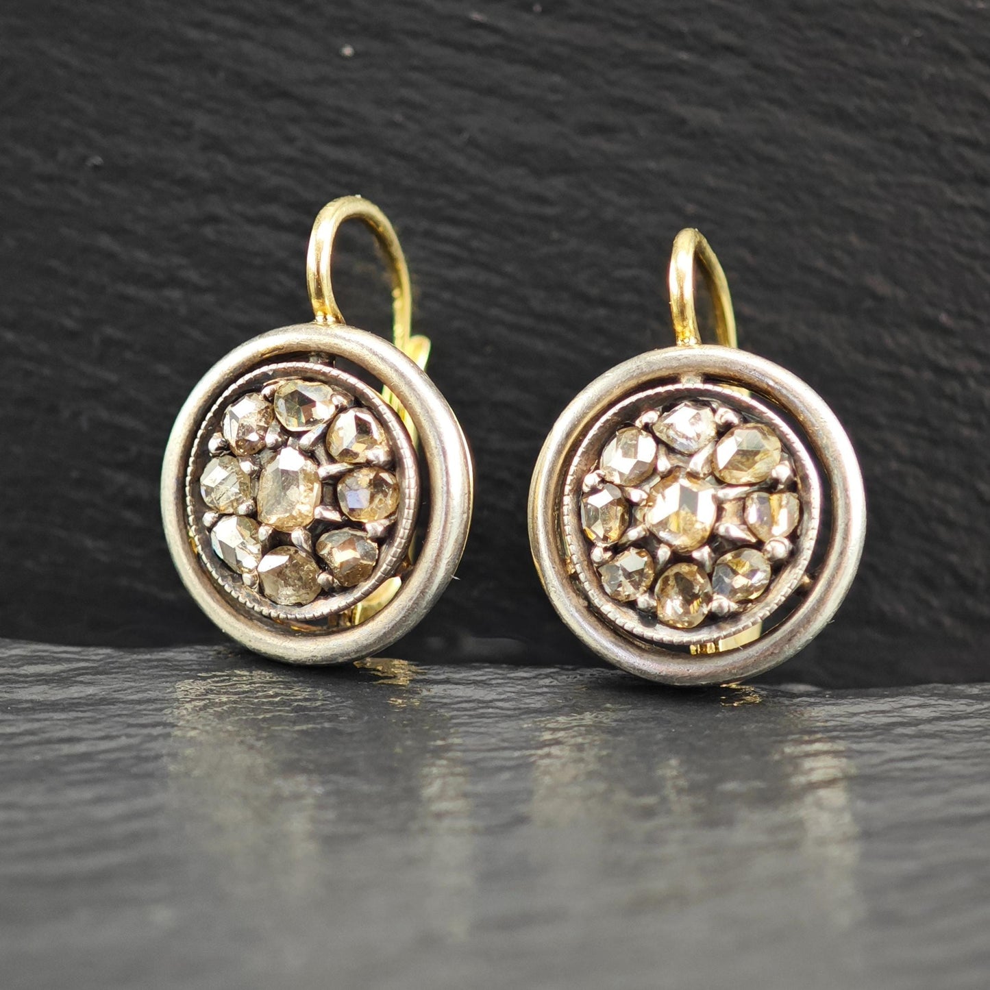 Antique Gold Rose Cut Diamond Lever Back Earrings Silver Over Gold Georgian Elegance