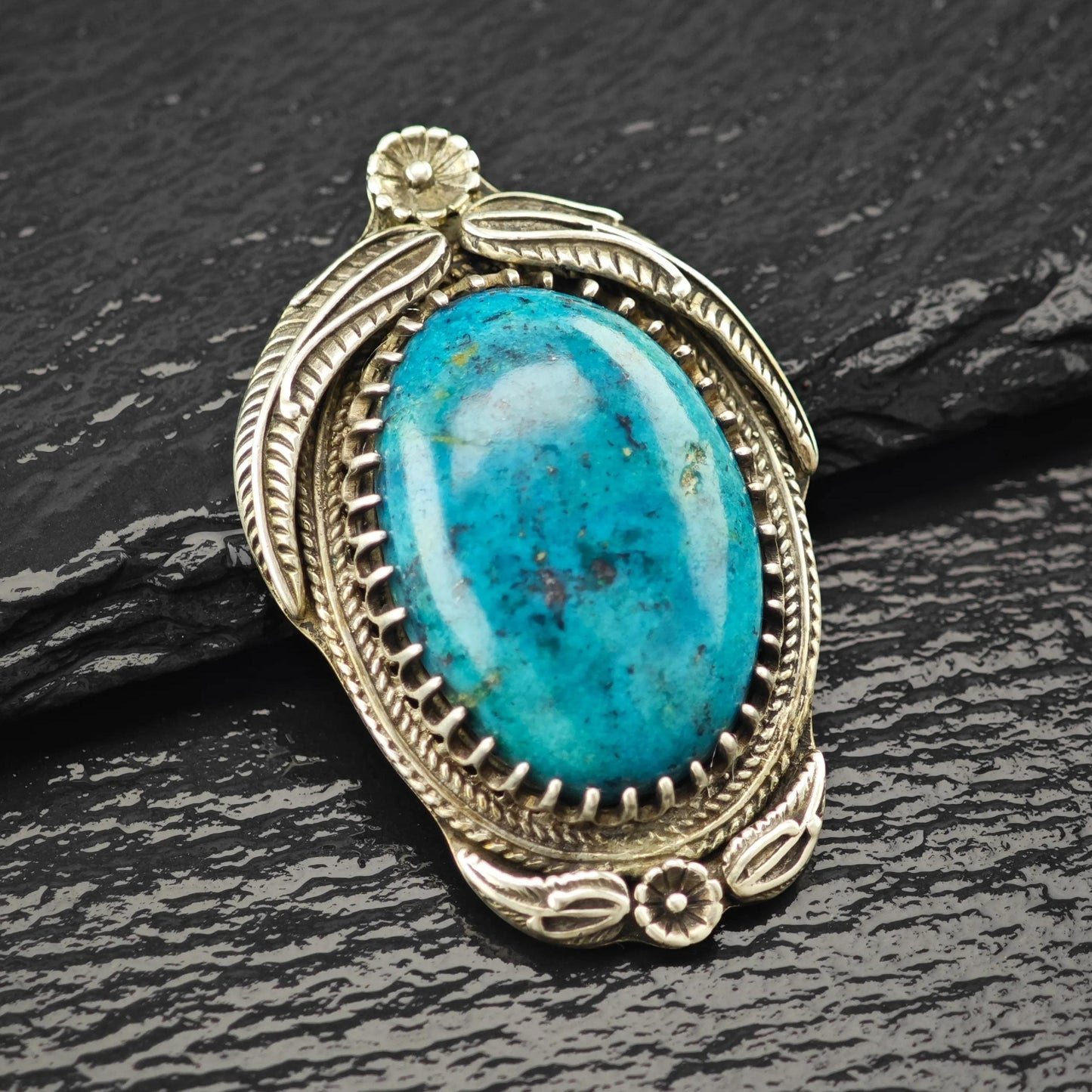 Native Treated Turquoise Floral Pendant Sterling Silver P2797