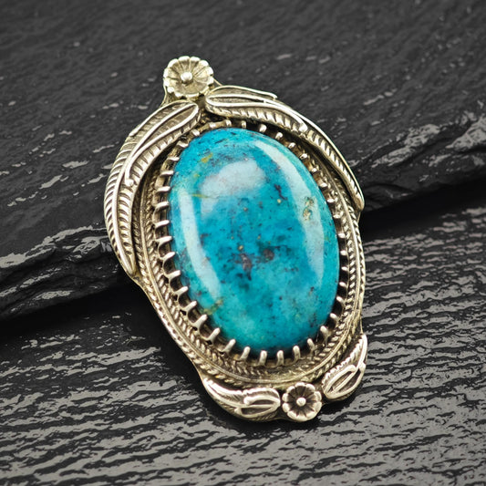 Native Treated Turquoise Floral Pendant Sterling Silver P2797