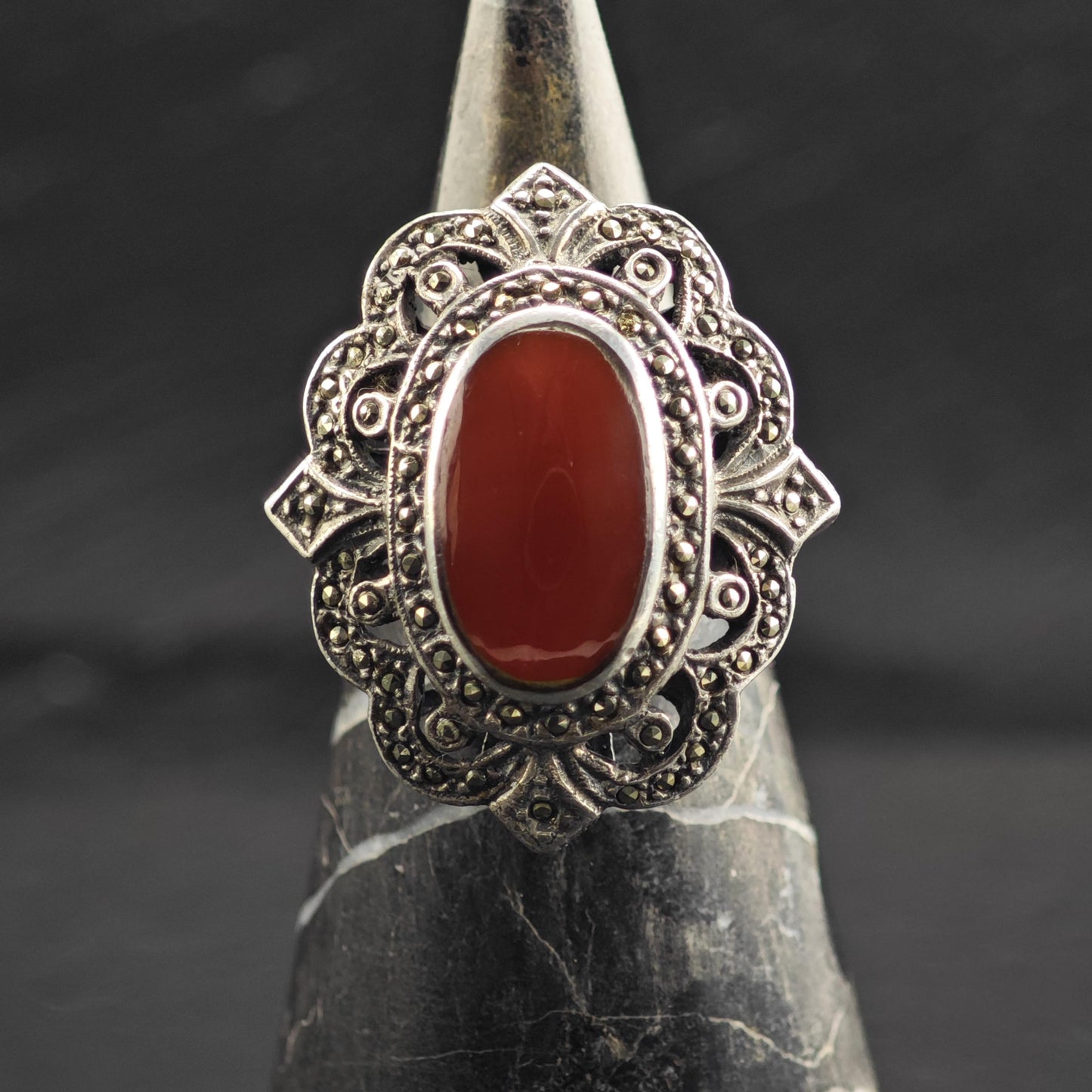 Large Art Deco Style Carnelian Cabochon Sterling Silver Ring Sz 9 1/4 R6706