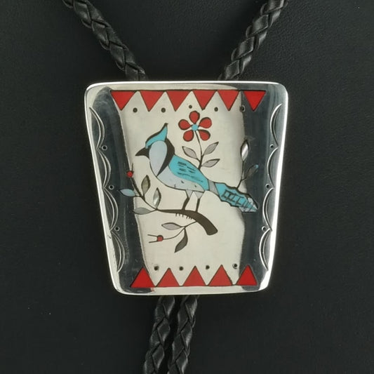 Vintage Bolo Tie Native American Sterling Silver Blue, Red Blue Jay, Inlay, Tie Necklace