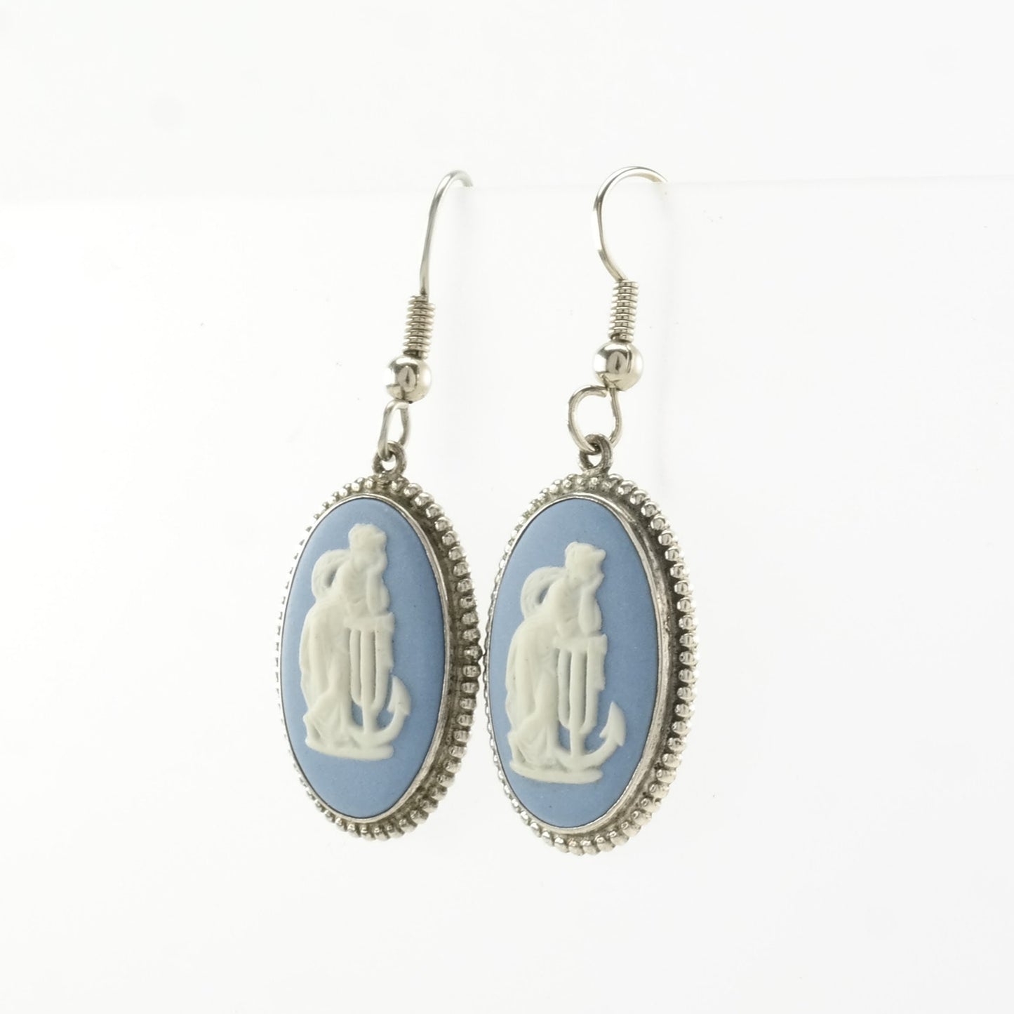 English Sterling Silver Cameo Wedgwood Blue Earrings Fish hook/Dangle