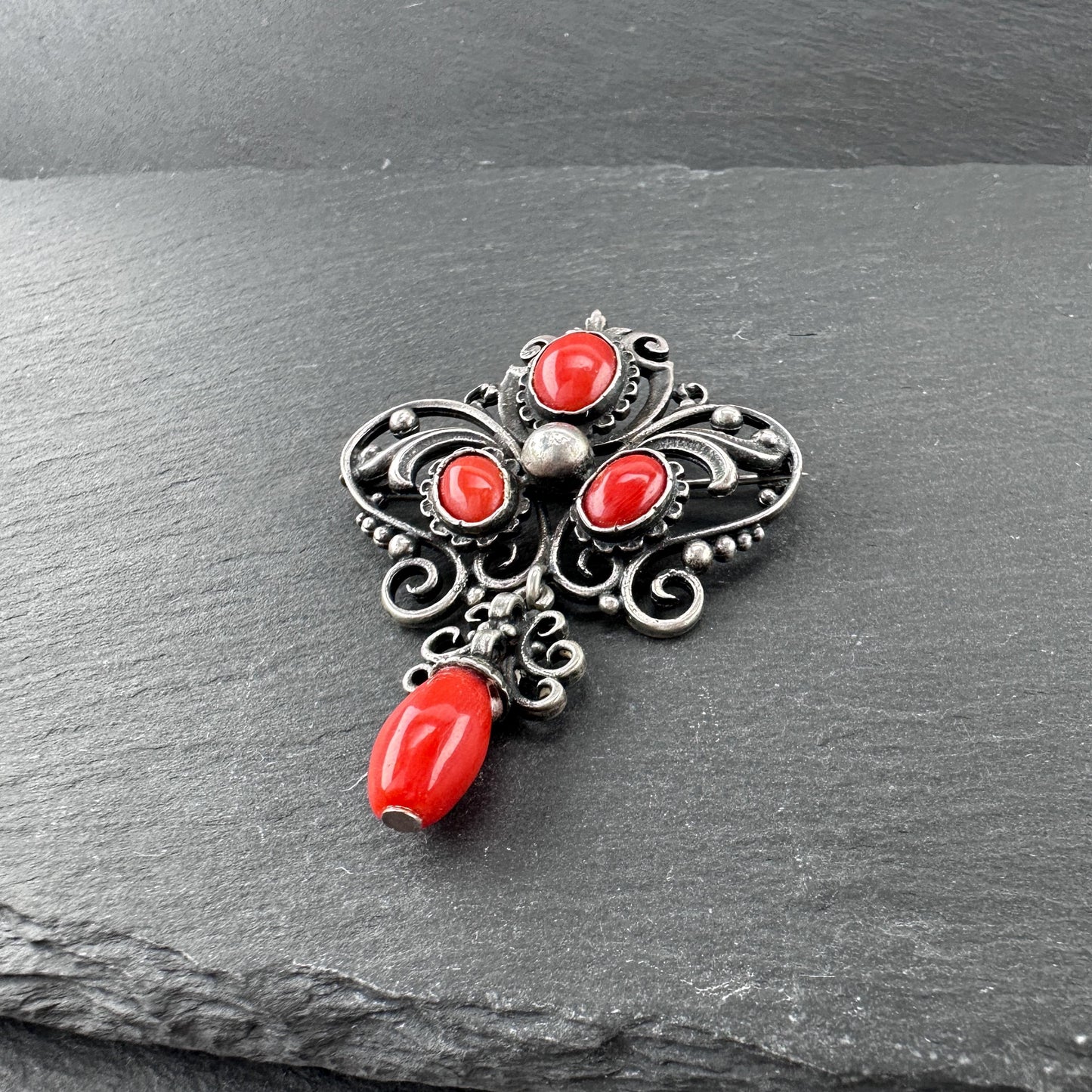 Late Victorian Red Coral Sterling Silver Brooch