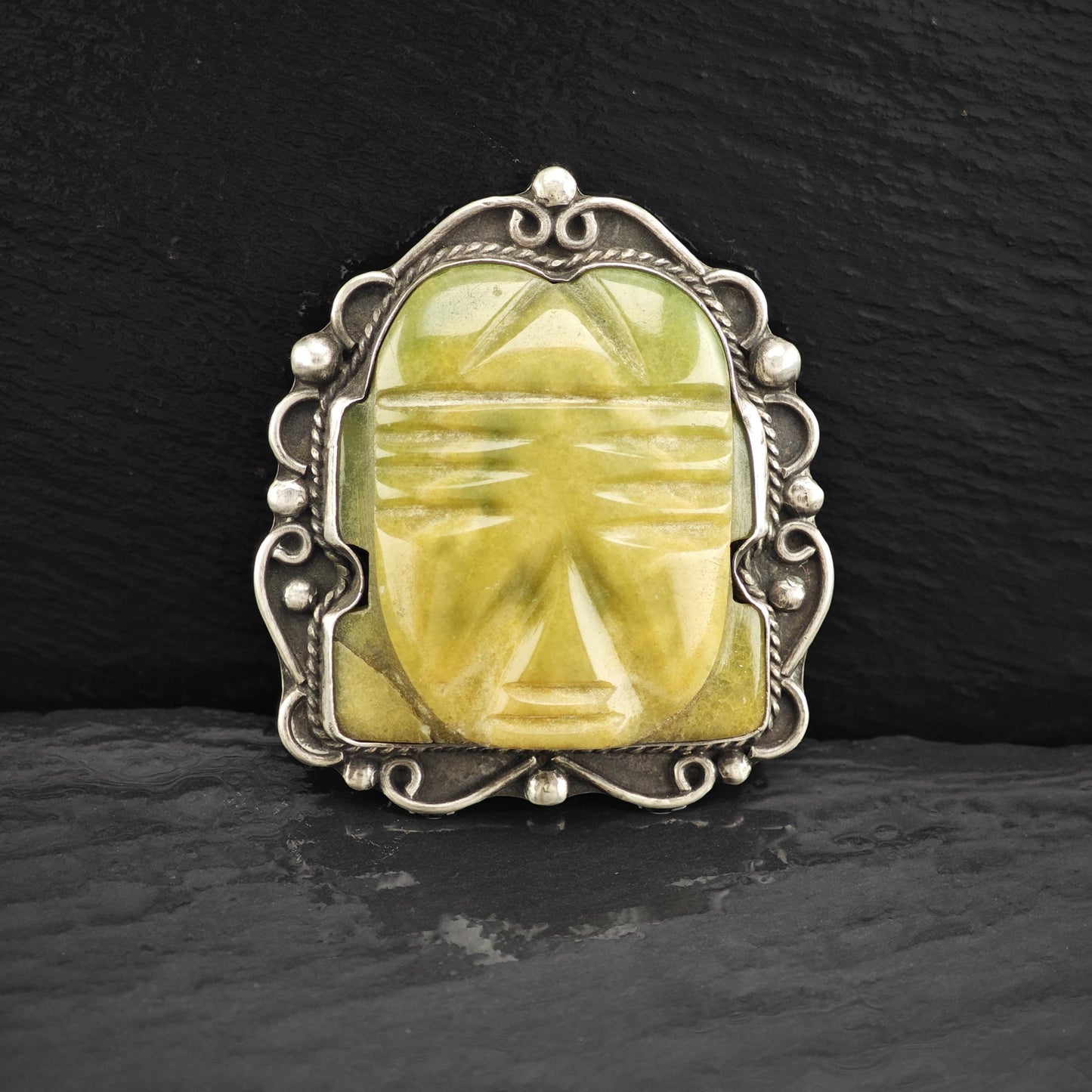 Vintage Green Tribal Mask Brooch Carved Jade Onyx in Sterling Silver