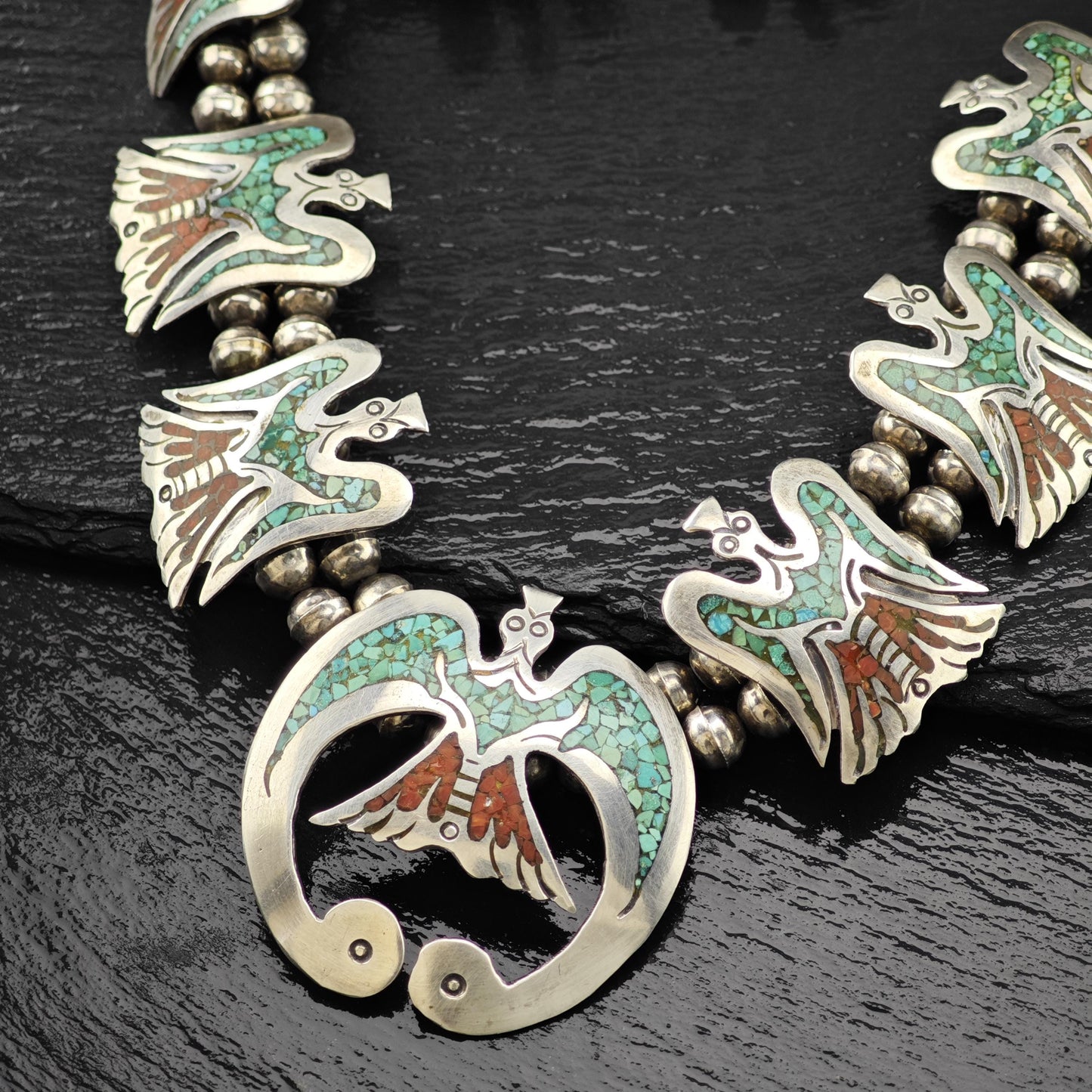 Native American Turquoise Inlay Eagle Squash Blossom Necklace Sterling Silver 29 1/2"
