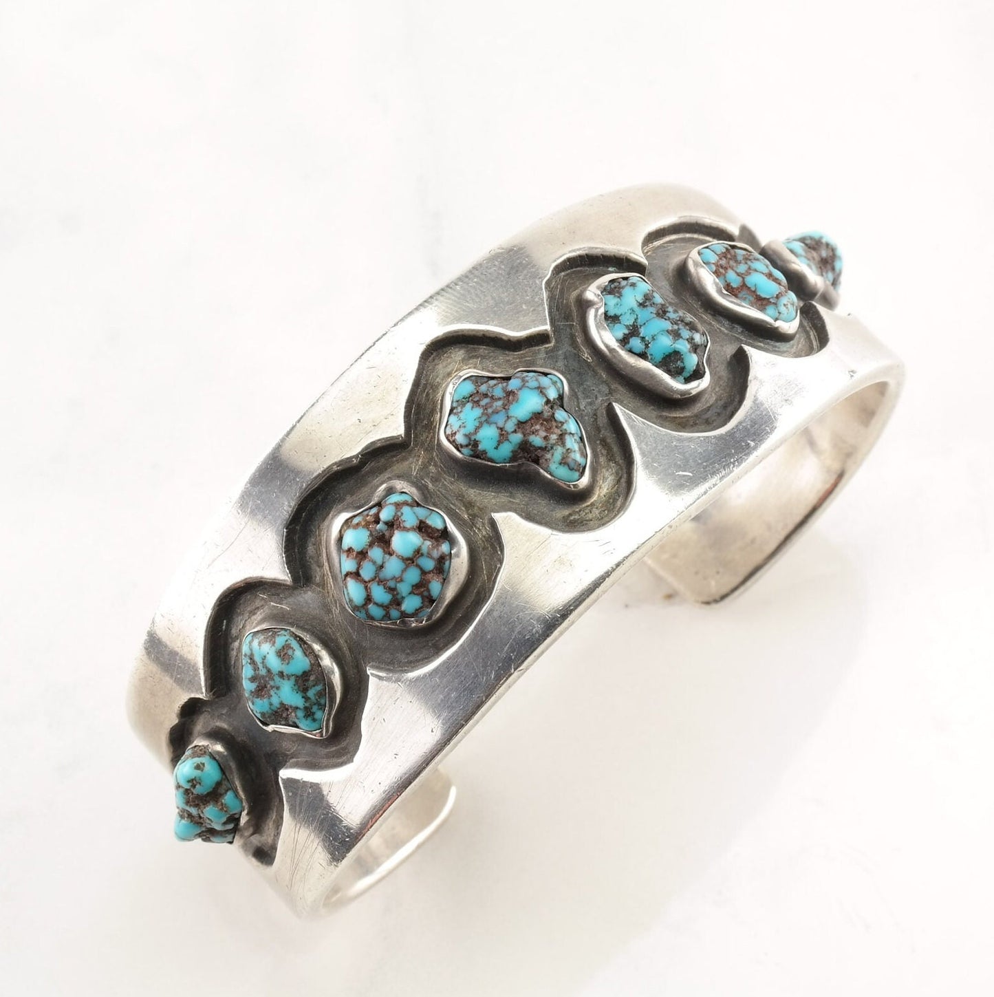 Native American Sterling Silver Cuff Bracelet Spiderweb Turquoise Nuggets