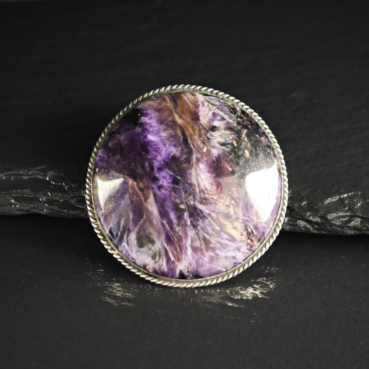 Charoite Round Brooch in Sterling Silver