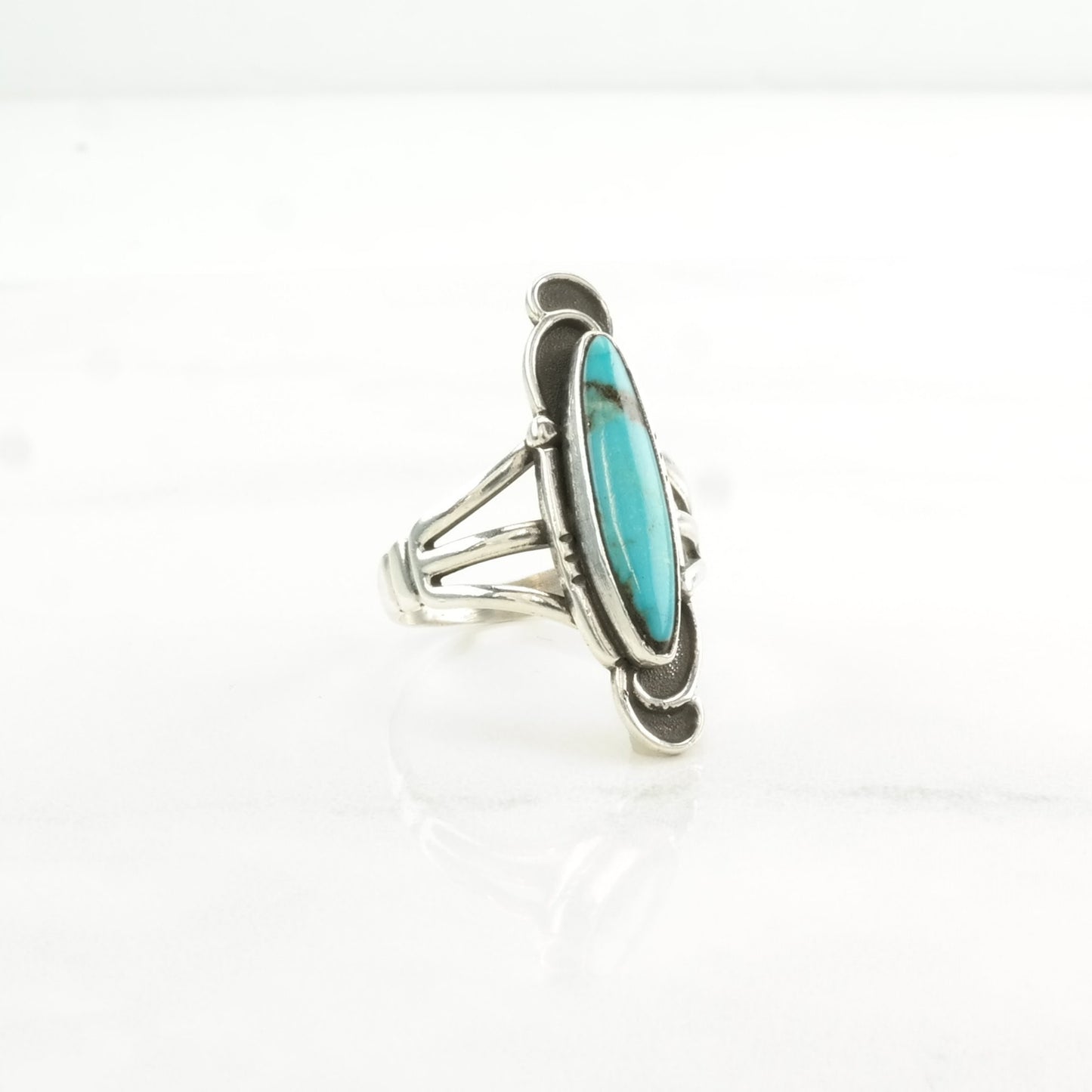 Sterling Silver Ring Turquoise Navette Blue Size 8 1/4