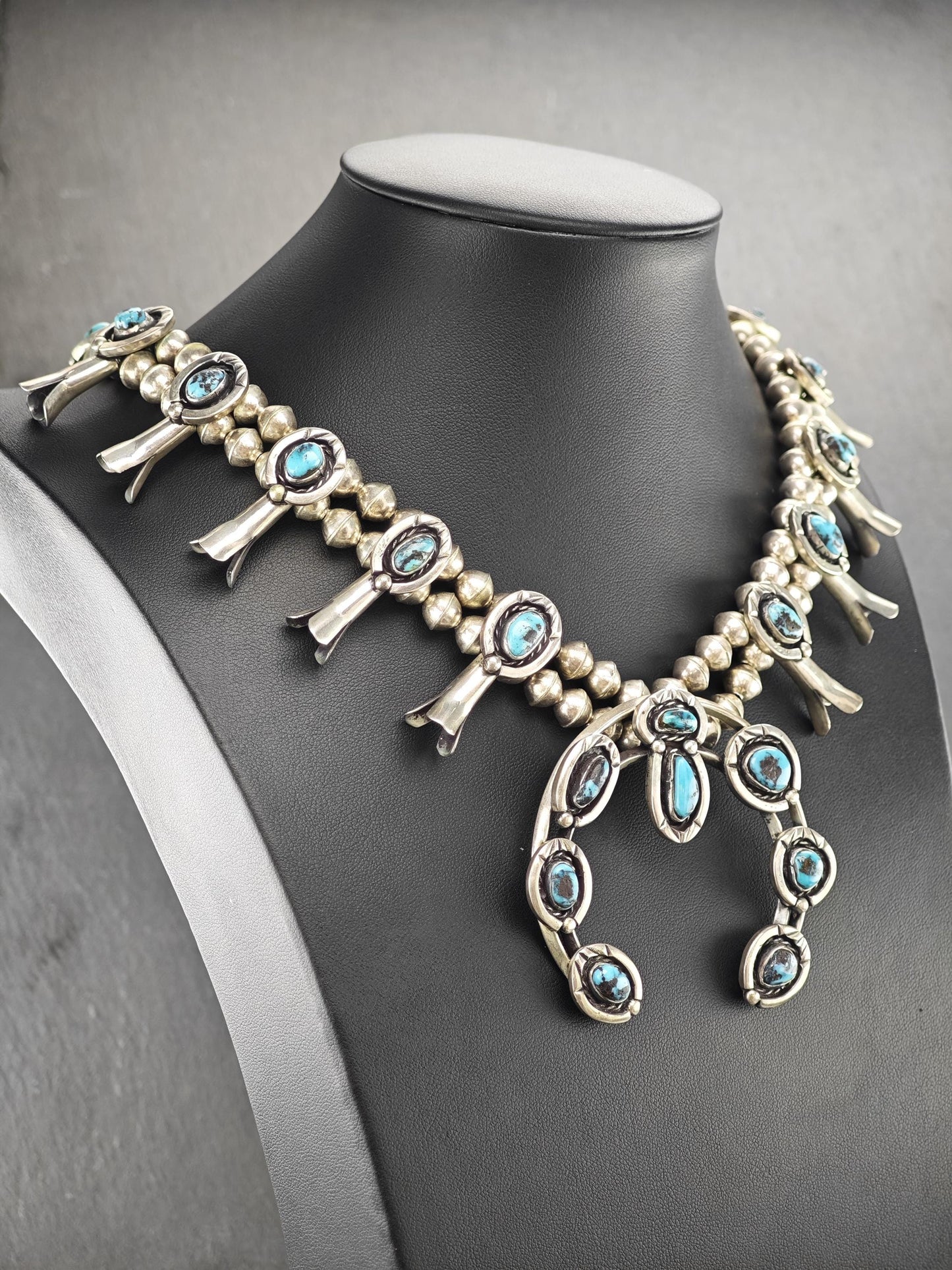 Native American Turquoise Squash Blossom Necklace Sterling Silver