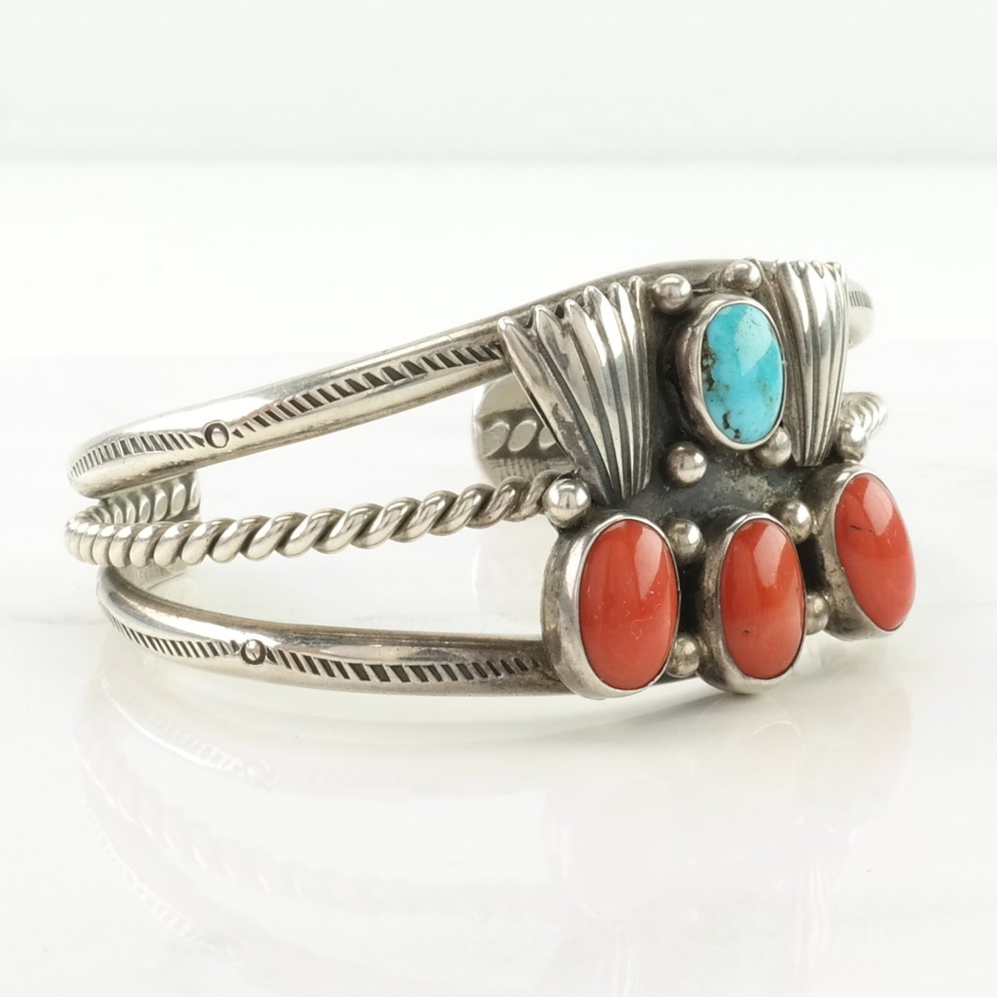 Native American Sterling Silver Cuff Bracelet Red, Blue Coral, Turquoise