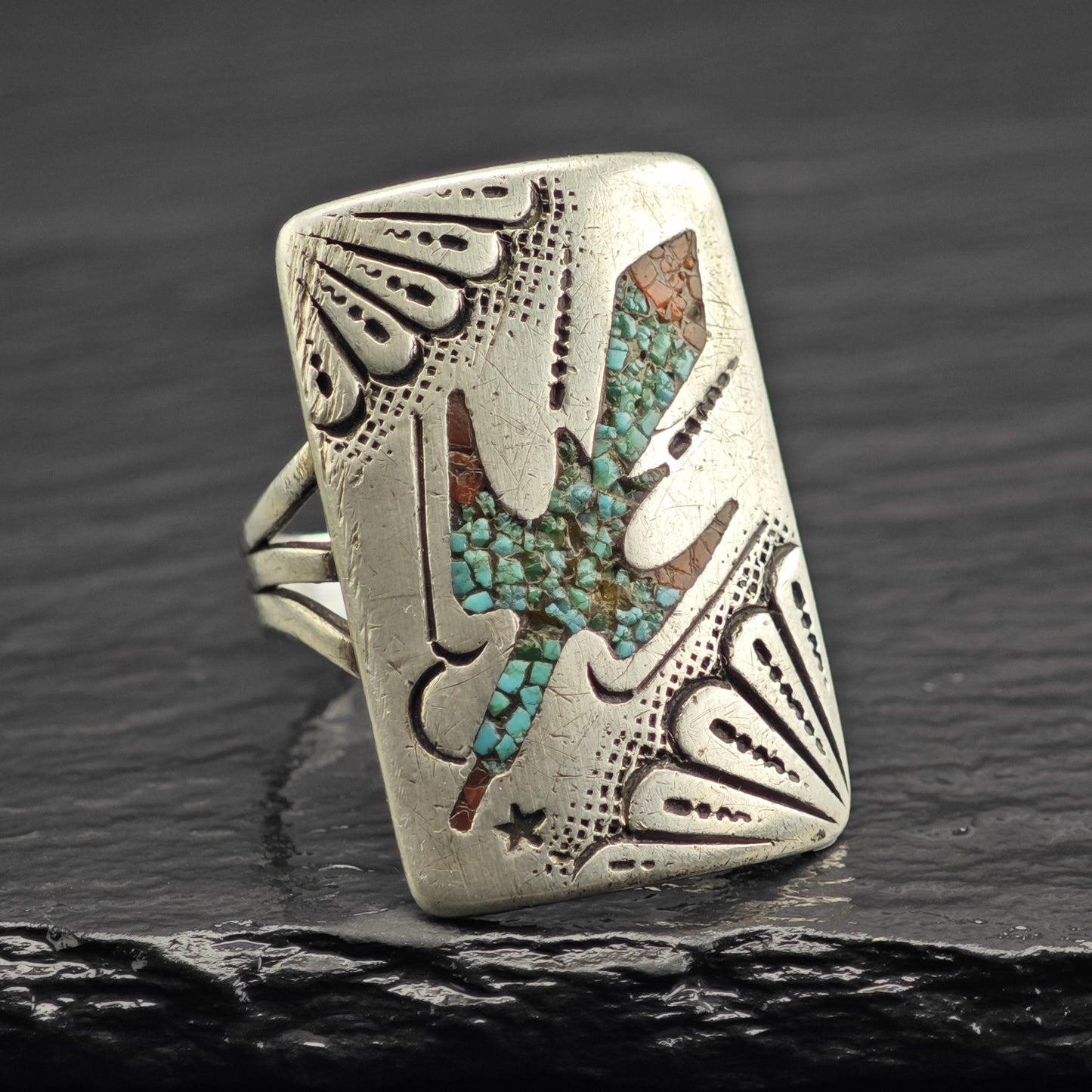Leonard Haskie Inlay Thunderbird Ring Sterling Silver Sz 12 R6618