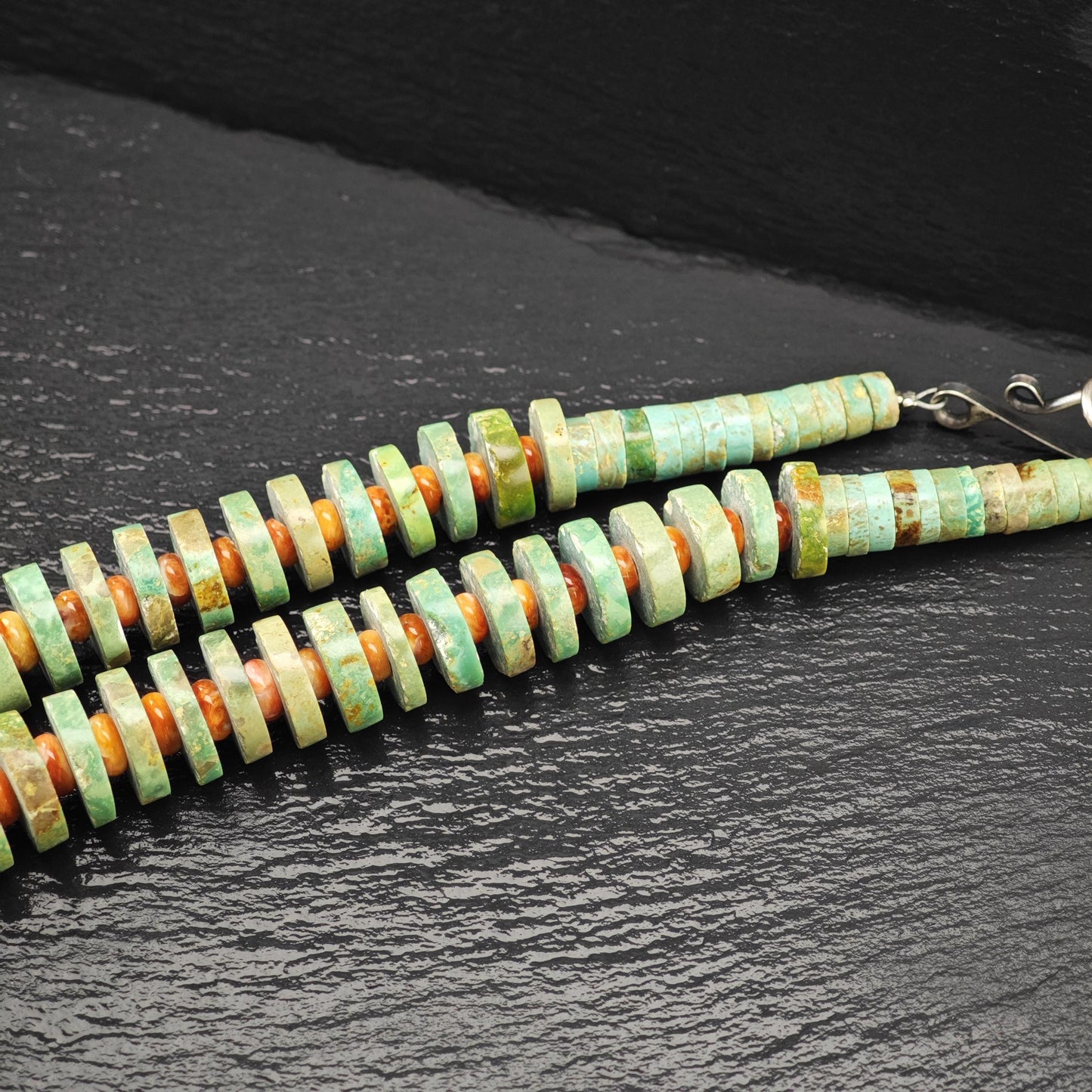 Heishi Necklace Turquoise and Spiny Oyster Beads Sterling Silver Graduated 7-21mm N2666