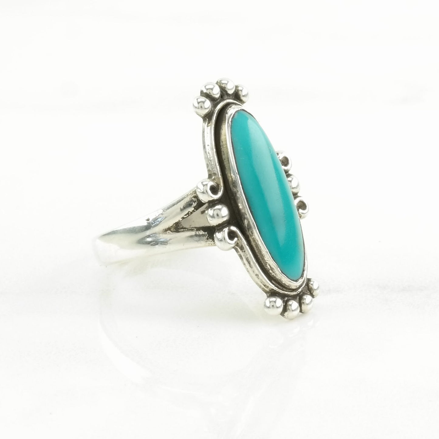 Native American Silver Ring Turquoise Navette Sterling Blue Size 7 1/2