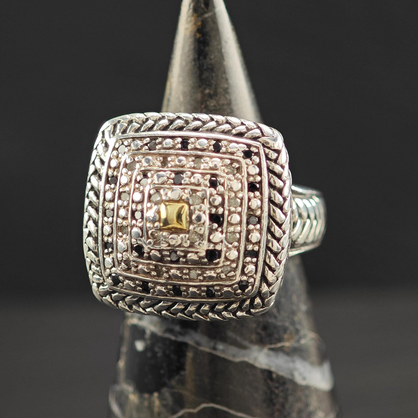 Ring Sterling Silver Squared Dome Black And White Diamond 14K Gold Accent R5843