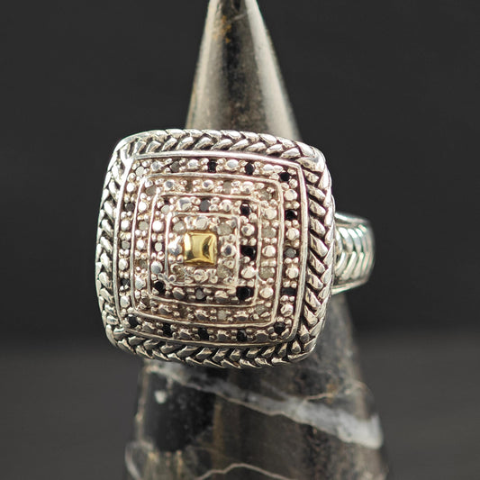 Ring Sterling Silver Squared Dome Black And White Diamond 14K Gold Accent R5843