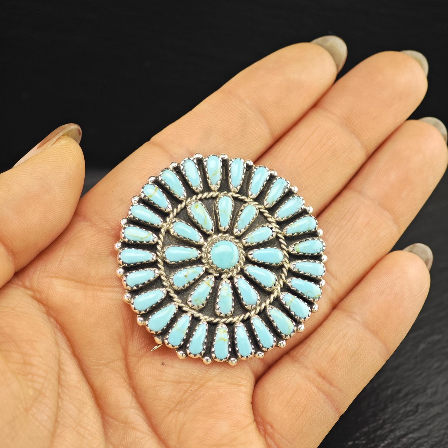 Vintage Southwest Sterling Silver Brooch Cluster, Blue Block Turquoise