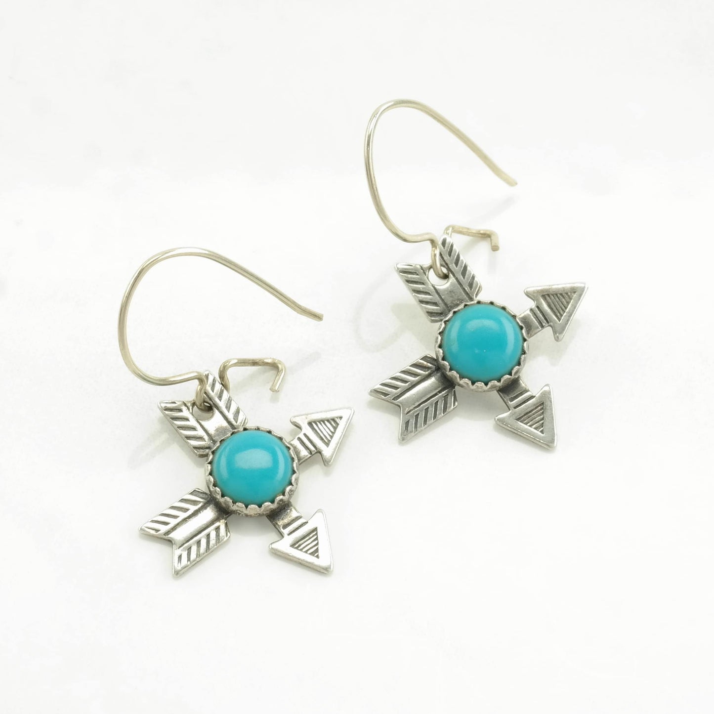 Fred Harvey Era Sterling Silver Blue Block Turquoise Arrow Earrings Fish Hook, Dangle