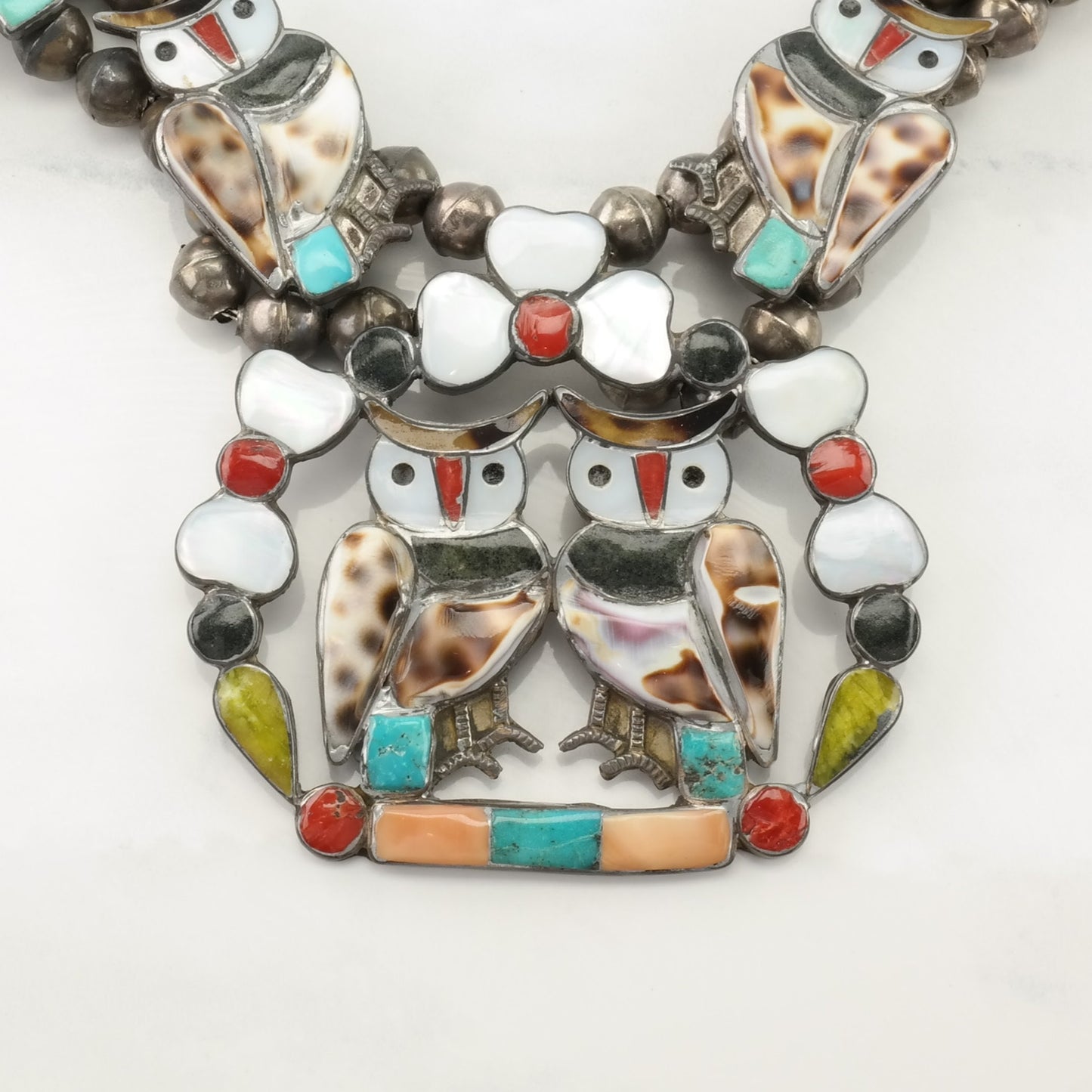 Vintage Native American Sterling Silver Brown, White Multi Stone Owl, Inlay Squash Blossom Necklace